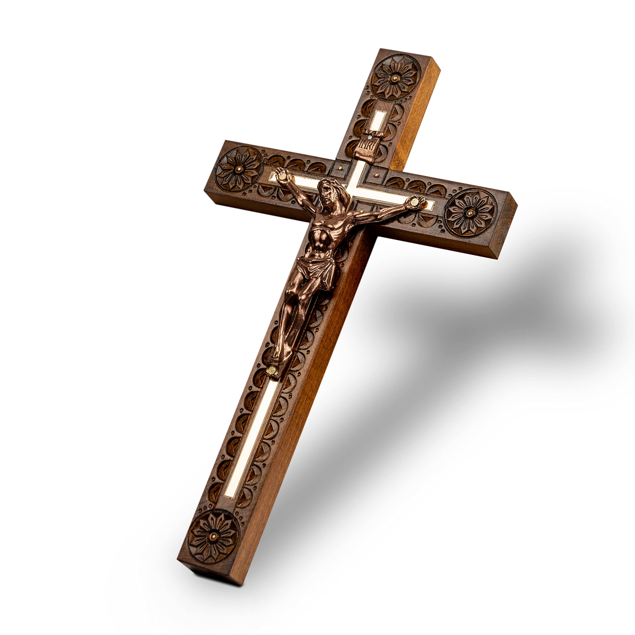 Woodvio - Croce da Parete in Legno Fatta a Mano, Finitura Intagliata, Crocifisso Cattolico