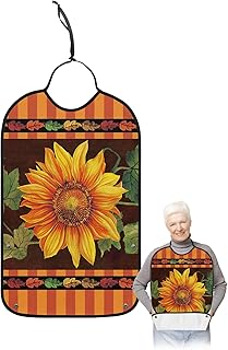 BOBOWUNY Sunflower Adult Bibs for Elder Women Men Eating, Spring Floral Farmhouse Rustic Leaves Waterproof & Washable Bibs for Eating Clothing Protector Dining Bibs for Crumb Catcher