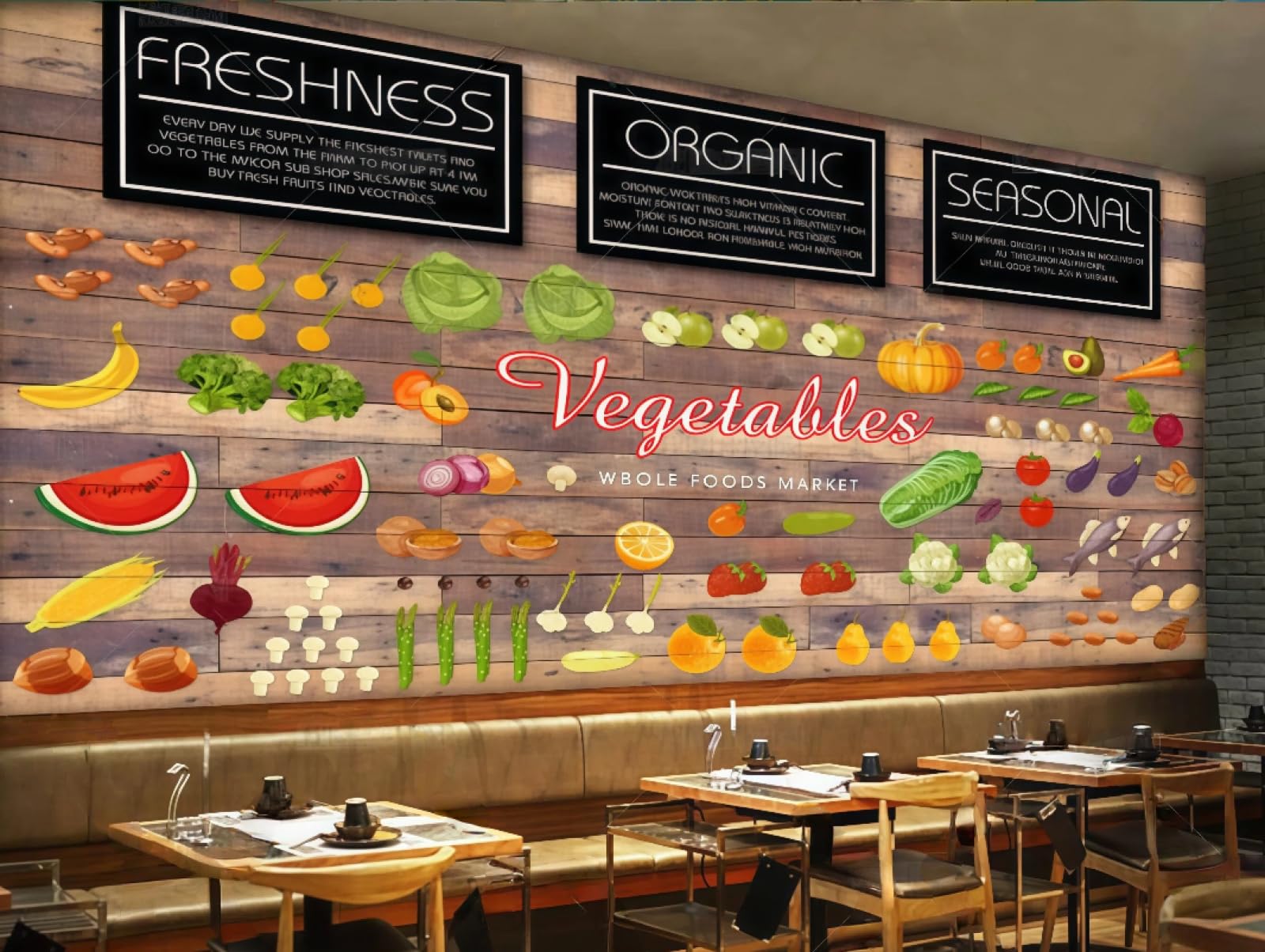 Xdoubao 3D Wallpaper Fashion Wooden Board Hand-Painted Vegetable And Fruit Shop Theme Shopping Mall Afternoon Tea Western Restaurant Background Wall Wallpaper Coffee Shop Mural,,150X105cm