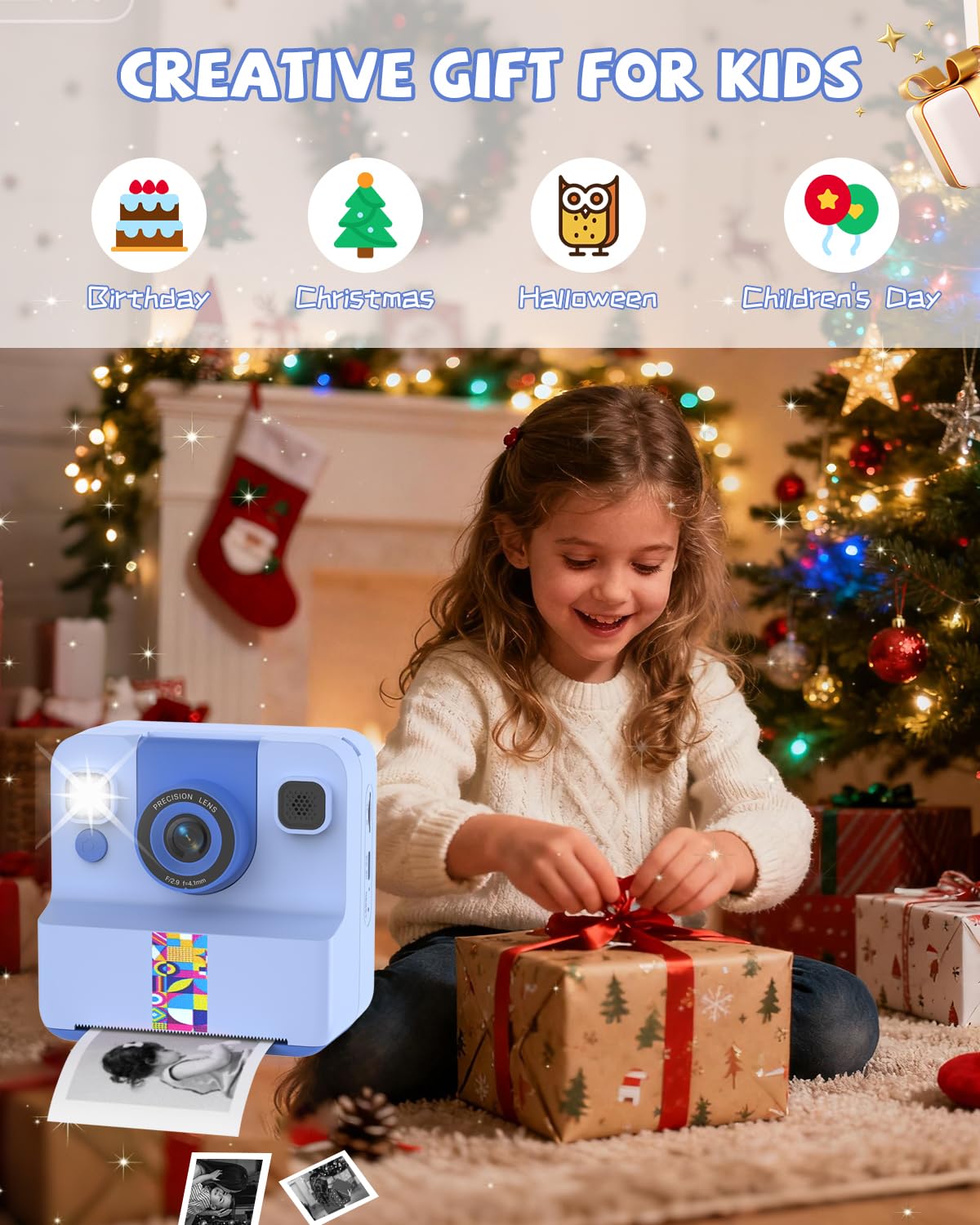 Kinder Sofortbildkamera, Sofortdruck Kamera für Kinder, 180° drehbares Selfie Objektiv mit 32GB SD-Karte – Geschenk für Jungen & Mädchen (3–12 Jahre), Blau