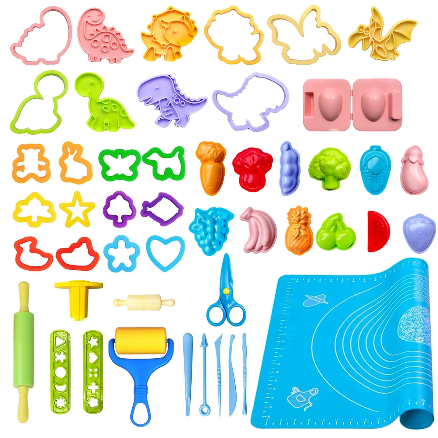 VAIYNWOM Pasta da Modellare per Plastilina, 47 Pezzi Formine Utensili per Plastilina Forme Forbici Mattarello Stampi per Ortaggi Frutta e Dinosauro Animale, Tappetino
