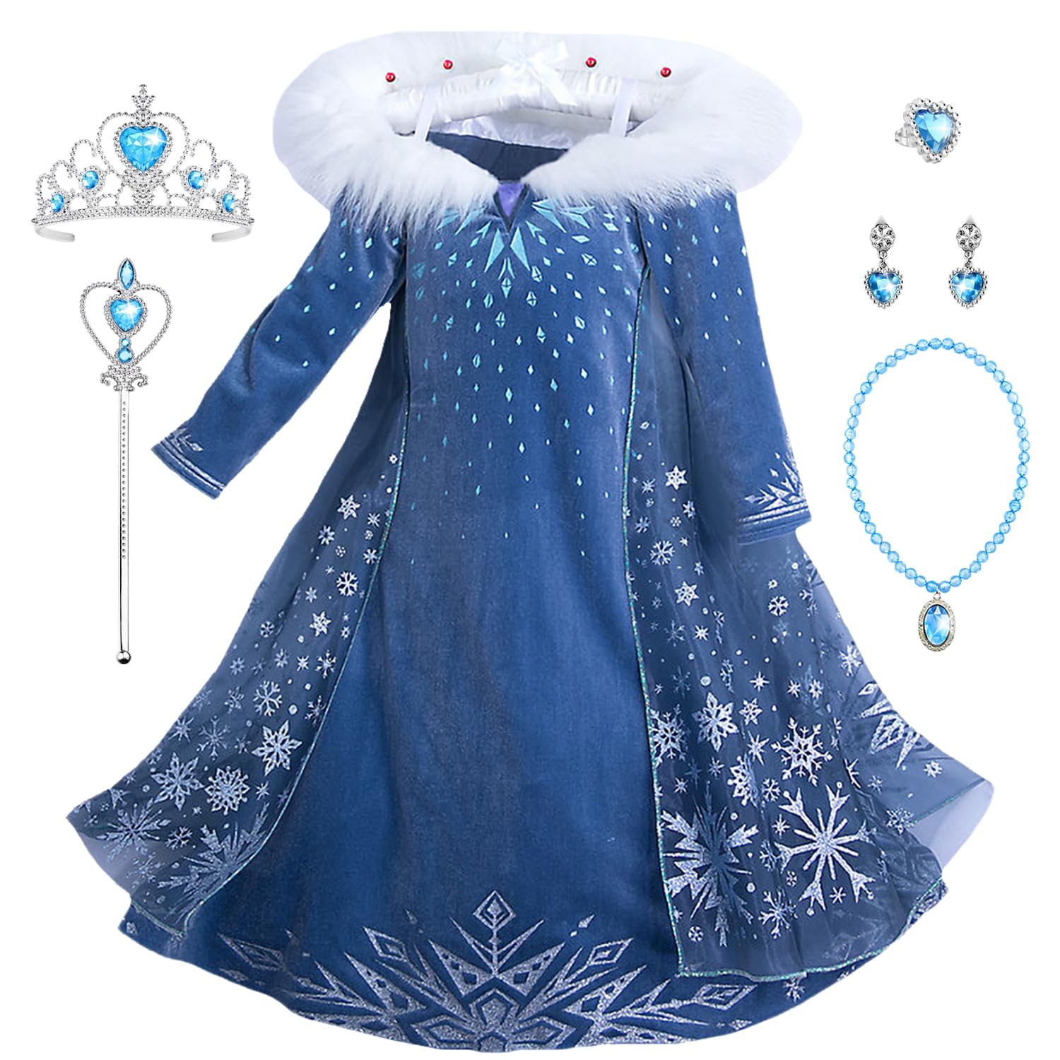 New front Carnevale Elsa Vestito Set, Costume Blu Vestito Abito da Principessa per la Festa Invernale, Bambina Costume con Colletto Cosplay Abiti Gonna Corona Bacchetta Magica Orecchino,Blu,120