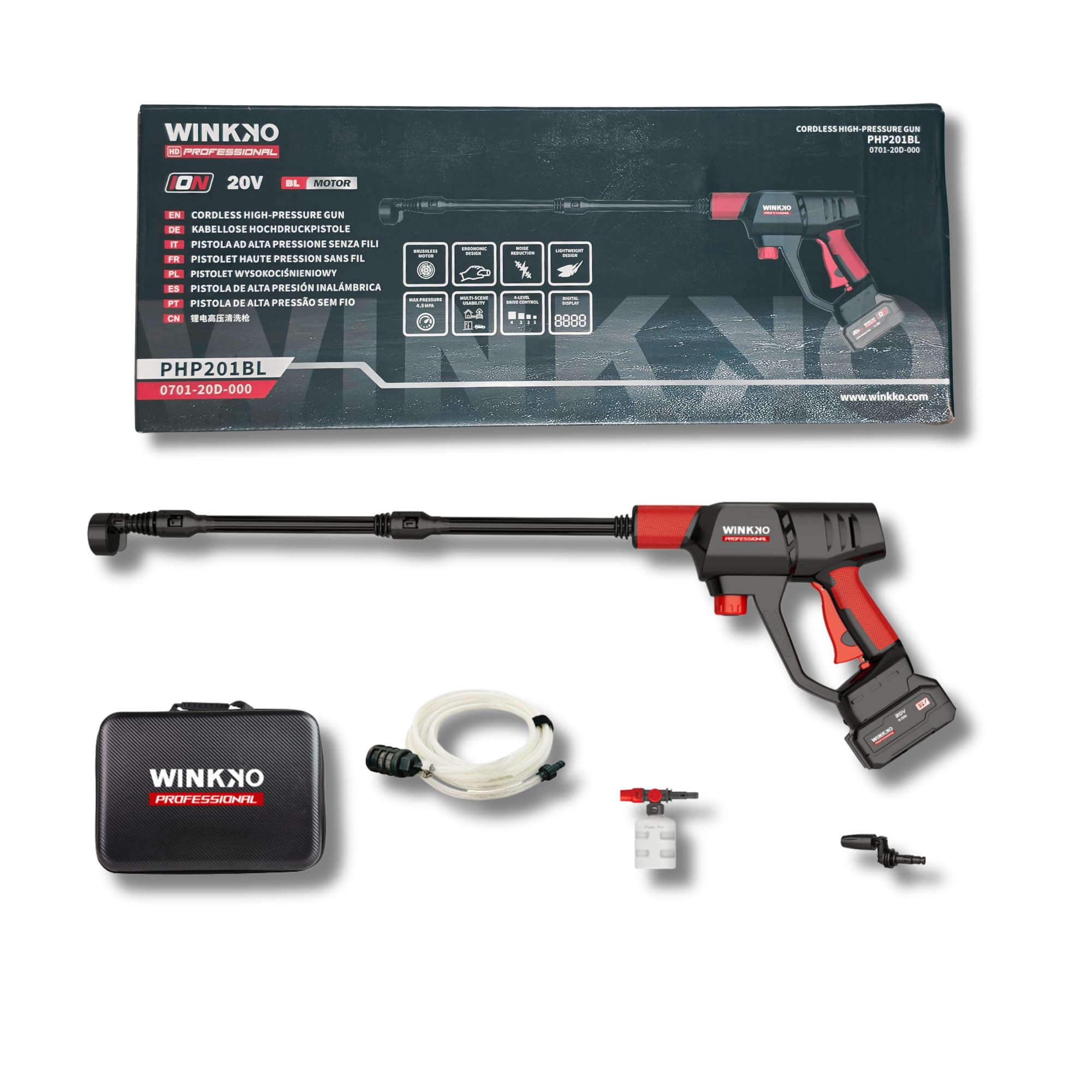 Pistola Lavadora a Presión Inalámbrica 20V Brushless con 2 Baterías 4.0Ah Pantalla LCD Boquilla 6 en 1 Manguera Bote para Jabón