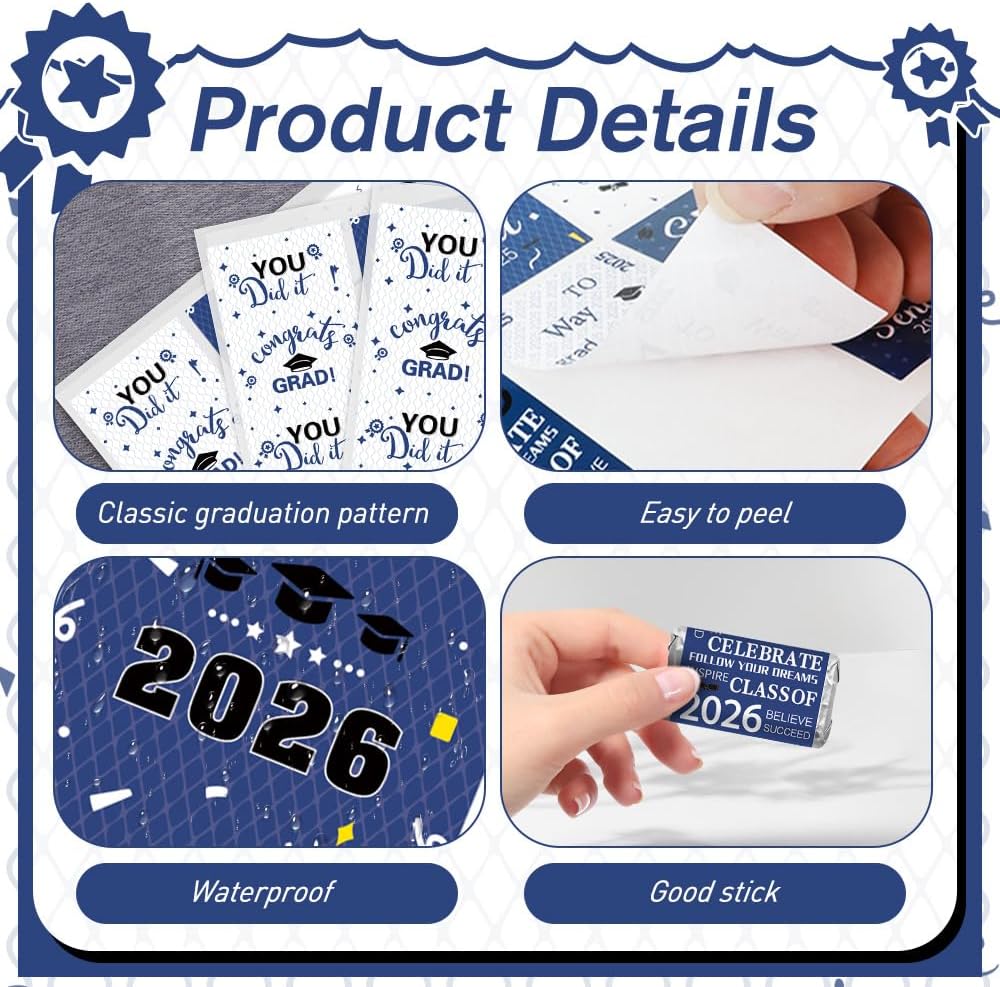 Graduation Party Decorations, 2026 Graduation Candy Stickers, 120 PCS Blue White Congrats Grad Mini Candy Chocolate Wrappers Class of 2026 Bar Label Stickers for Graduation Celebration Party Favors