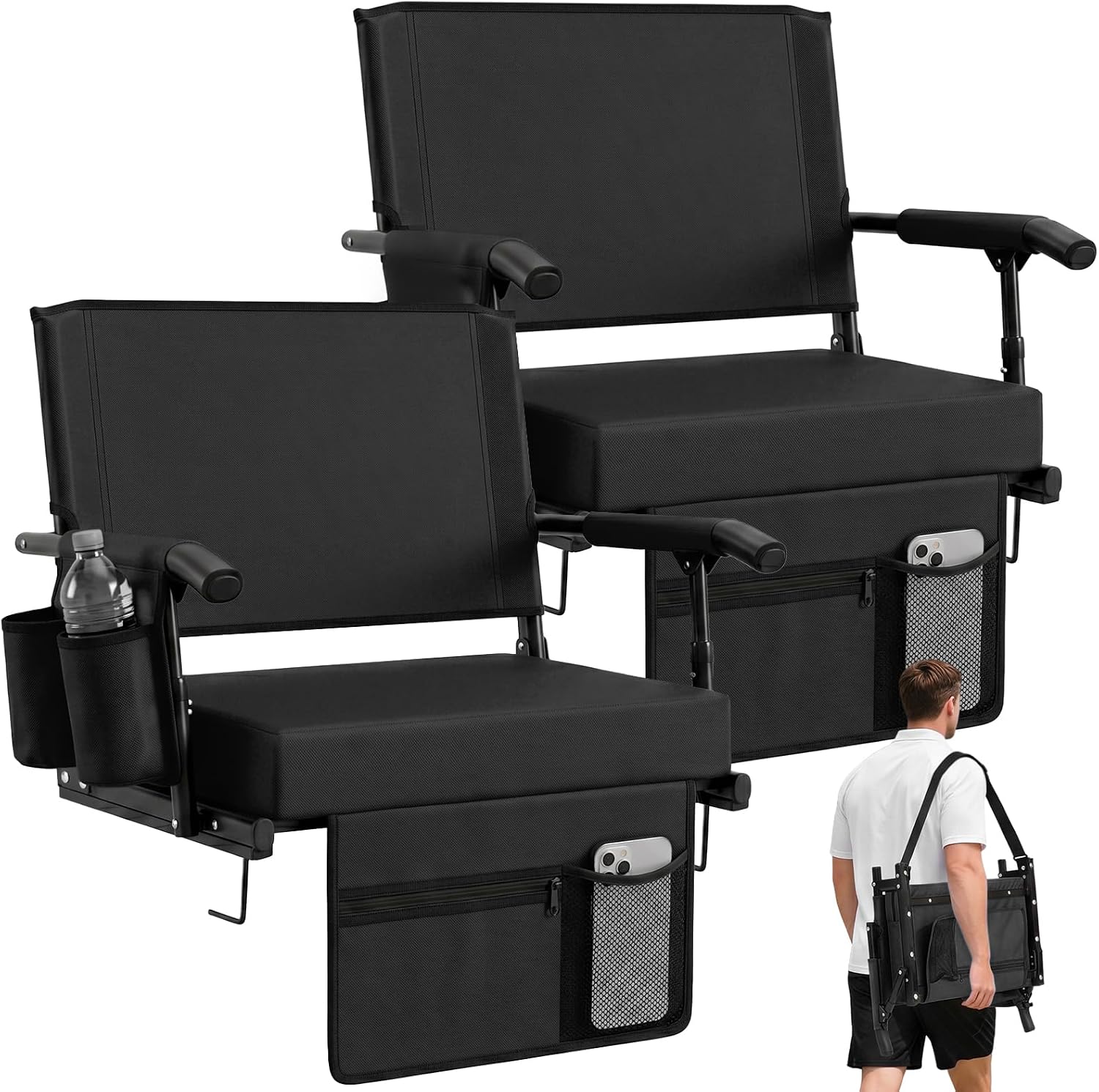 Sekey Stadium Seats with Back Support & Arm Rest | Extra Wide & Thick Cushion, Cup Holders, Storage Pockets, Plus-size Friendly, for Outdoor Sport Events