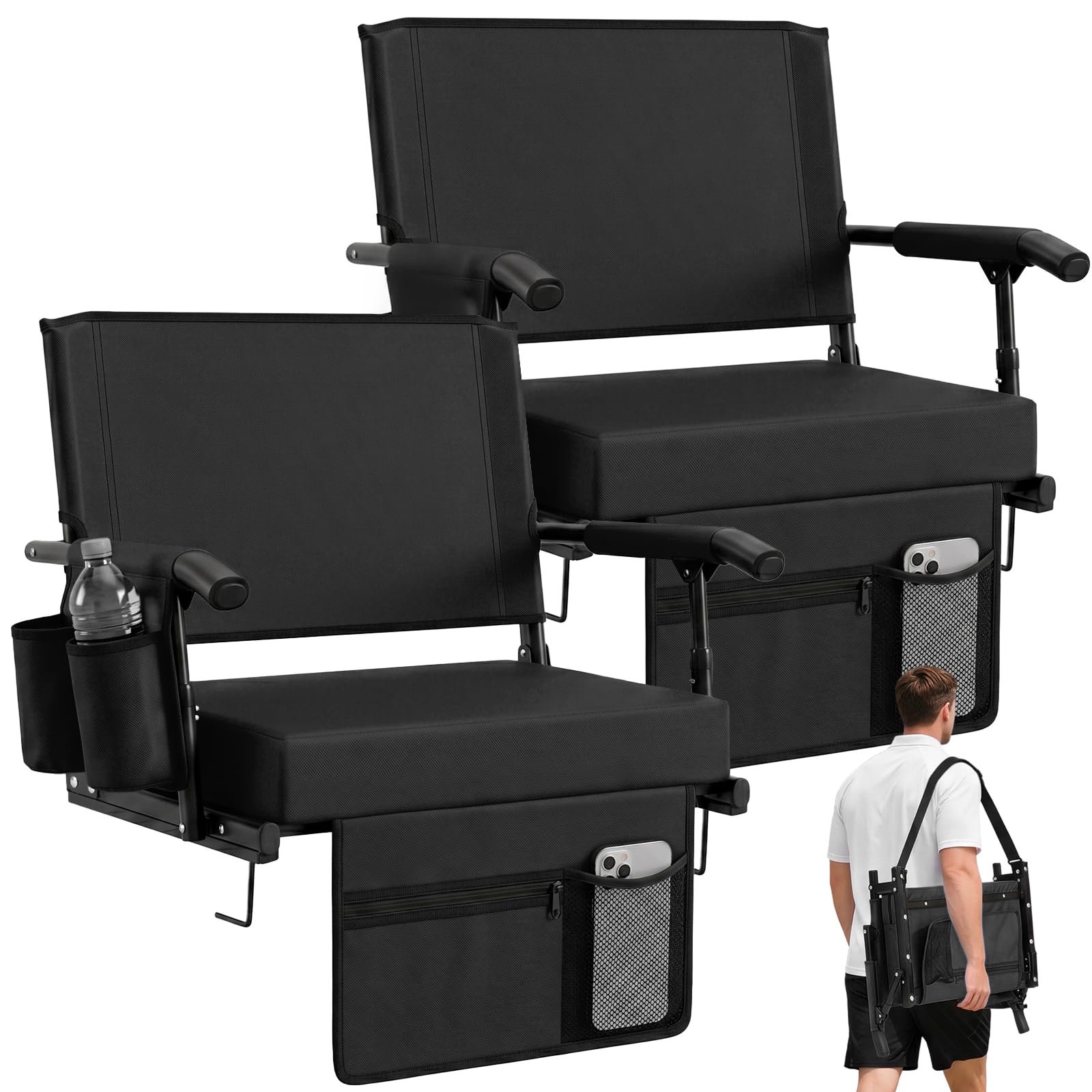Sekey Stadium Seats with Back Support, Extra Wide & Thick Cushion, 2 Pack Bleacher Chairs with Cup Holders & Storage Pockets, Plus-Size Friendly for Outdoor Sport Events (Support Up to 450lbs)