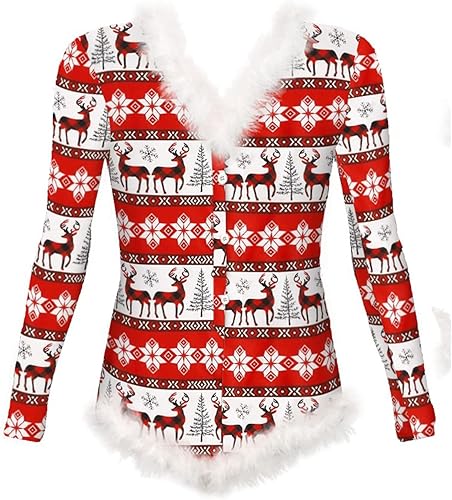 Miniatura 3 de Pijama de Navidad para mujer, body de lencería con cuello en V profundo, estampado de Navidad, manga larga, mameluco de peluche