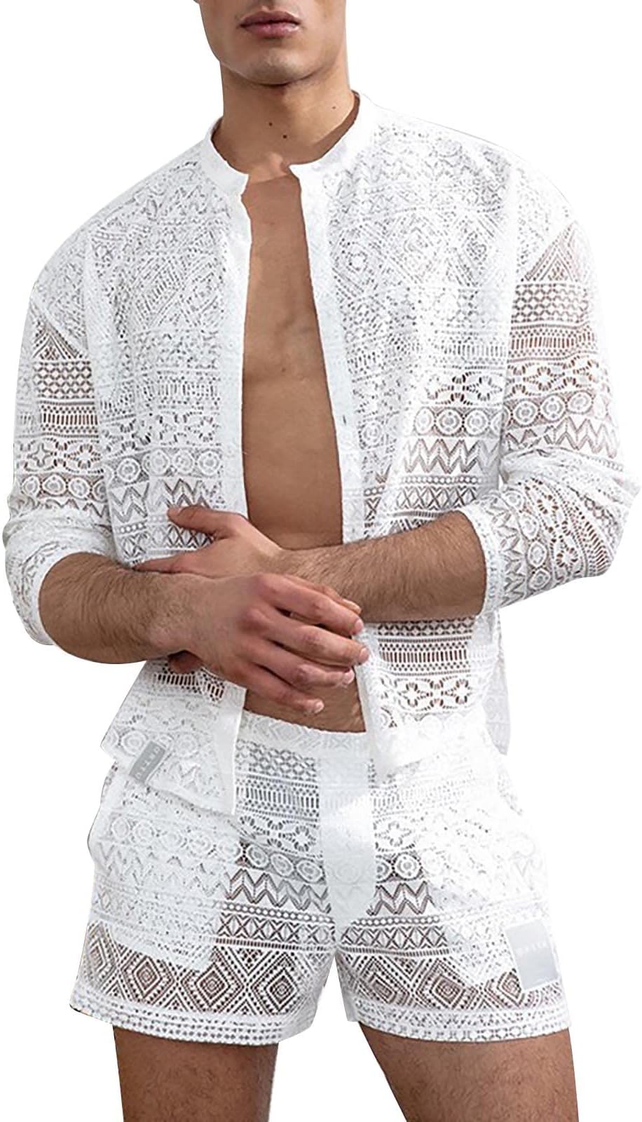 Fxbar Men's Sexy Lace Mesh Solid Color Outfits Short Sleeve Button Down Shirts Shorts Set Summer Leisure Tracksuits