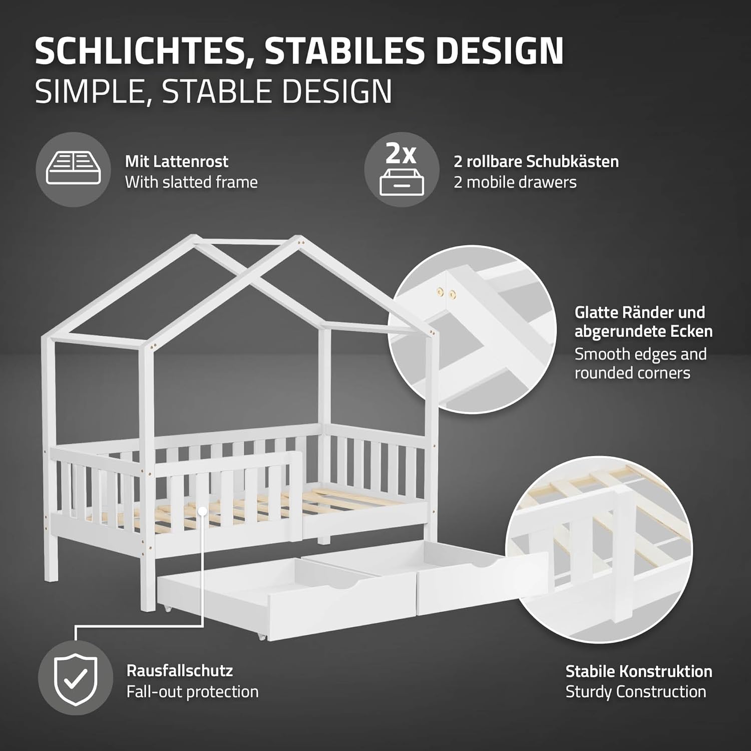 Մանրամասն view of the bed's design, showing drawers, fall protection, and rounded corners