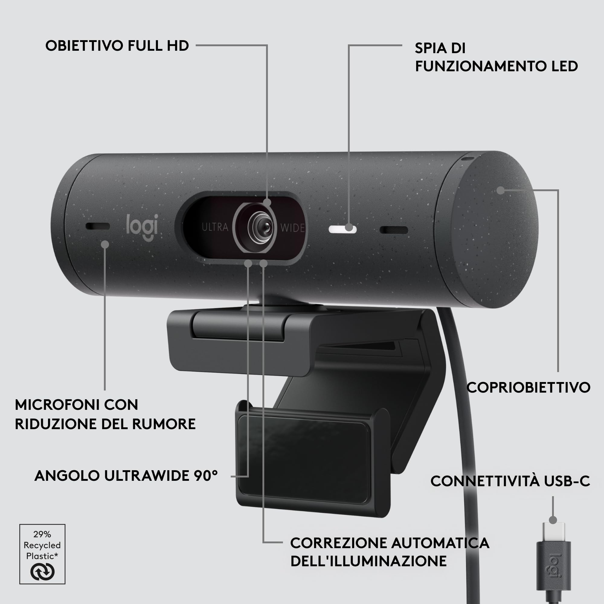 Logitech Brio 500 Webcam Full HD Correzione Luce, Show Mode, Microfono Riduzione del Rumore, Copertura Privacy, Streaming, Funziona con Microsoft Teams, Google Meet, Zoom, Cavo USB-C - Grafite