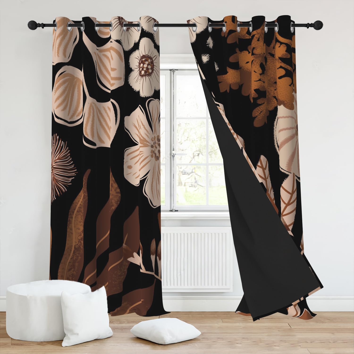 Rideaux Occultant Boheme, Rideaux Occultant Abstrait Lot de 2 Fleuri Rose et Feuilles Marron Rideau Thermiques Isolants Anti Froid et Chaleur Rideau à Oeillets pour Salon Chambre 107x160cm