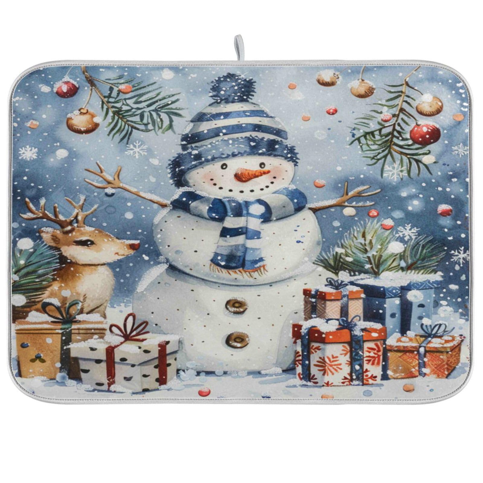 Winter Snowflakes Snowman Dish Drying Mat for Kitchen Counter 16 x 18 in Rack Mat Deer Snow Microfiber Dry Dishes Mats Drainer Mat Dish Drying Pad