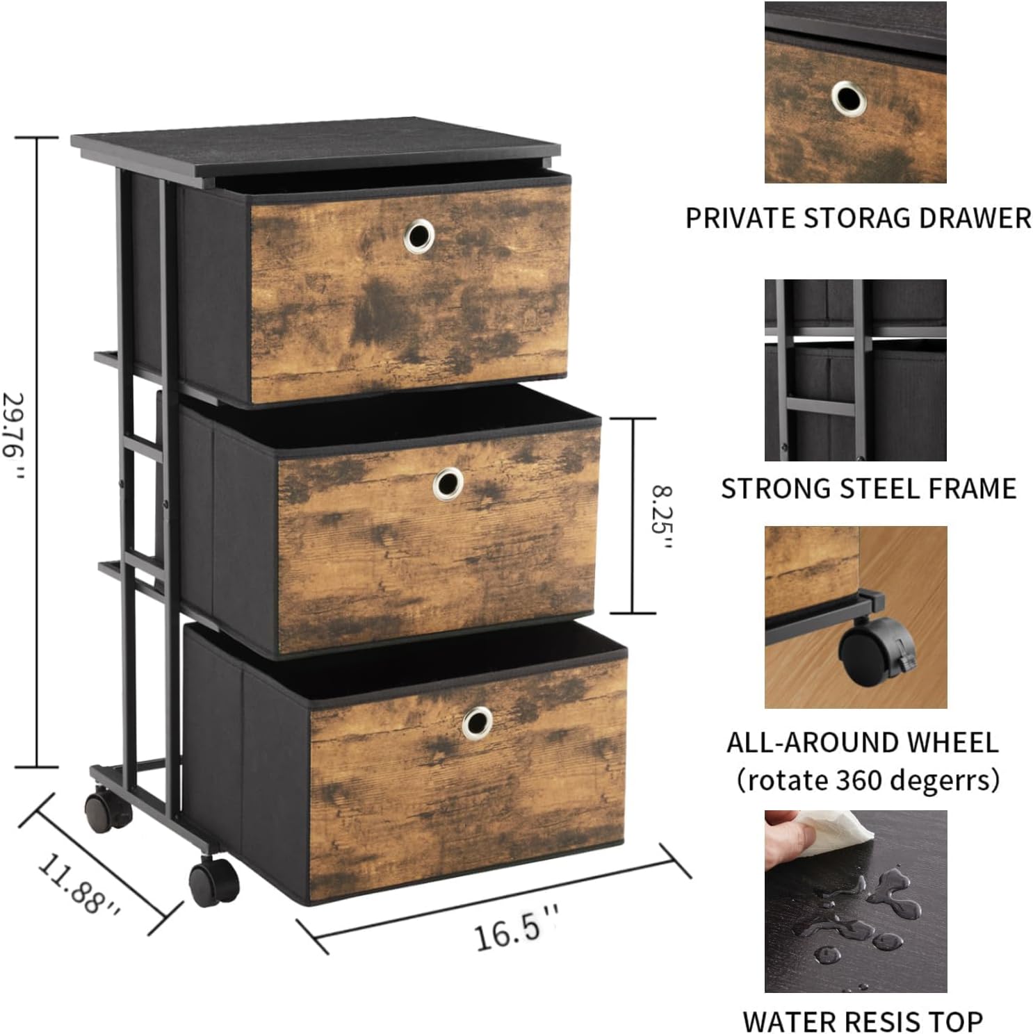 MAX Houser Dresser Storage with 3 Drawers, Fabric Tower Nightstand, Chest of Drawers,Vertical Storage Unit Organizer for Closets,Bedroom,Dorm, Wood Top, Rustic Brown Wood Grain Print - Image 3