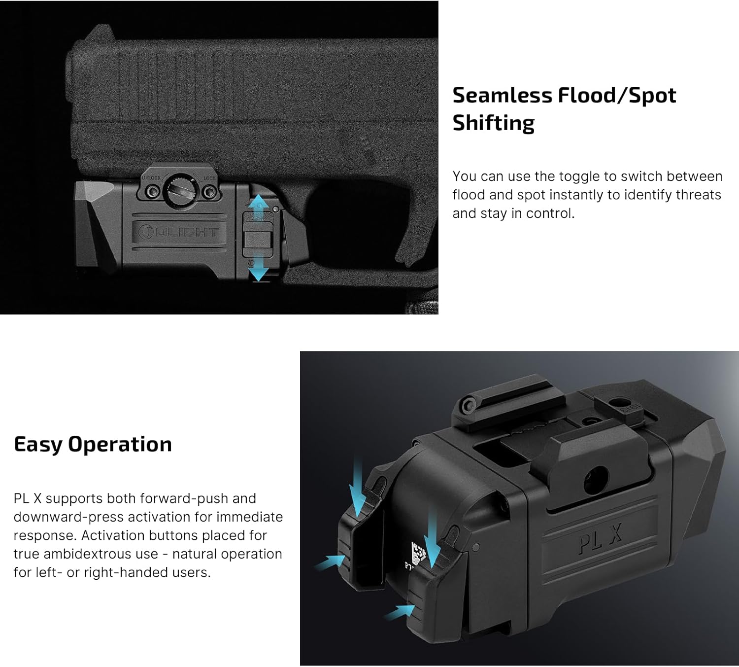Image illustrating the toggle switch for seamless flood/spot shifting and the ambidextrous activation buttons for easy operation.