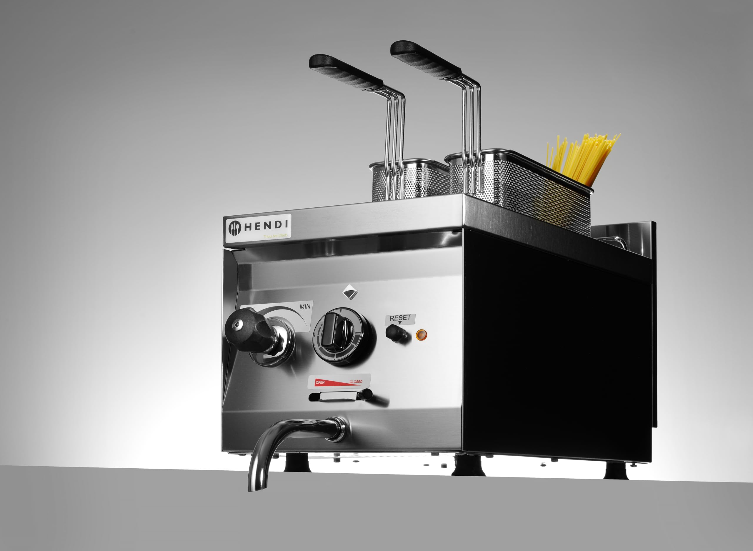 HENDI Cuocipasta elettrico, per gnocchi, canederli, dumplings, verdure, con 2 cestelli, rubinetto di scarico, temperatura: da 30°C a 120°C, 10L, 230V/3500W, 800x330x(H)380mm, in acciaio inox