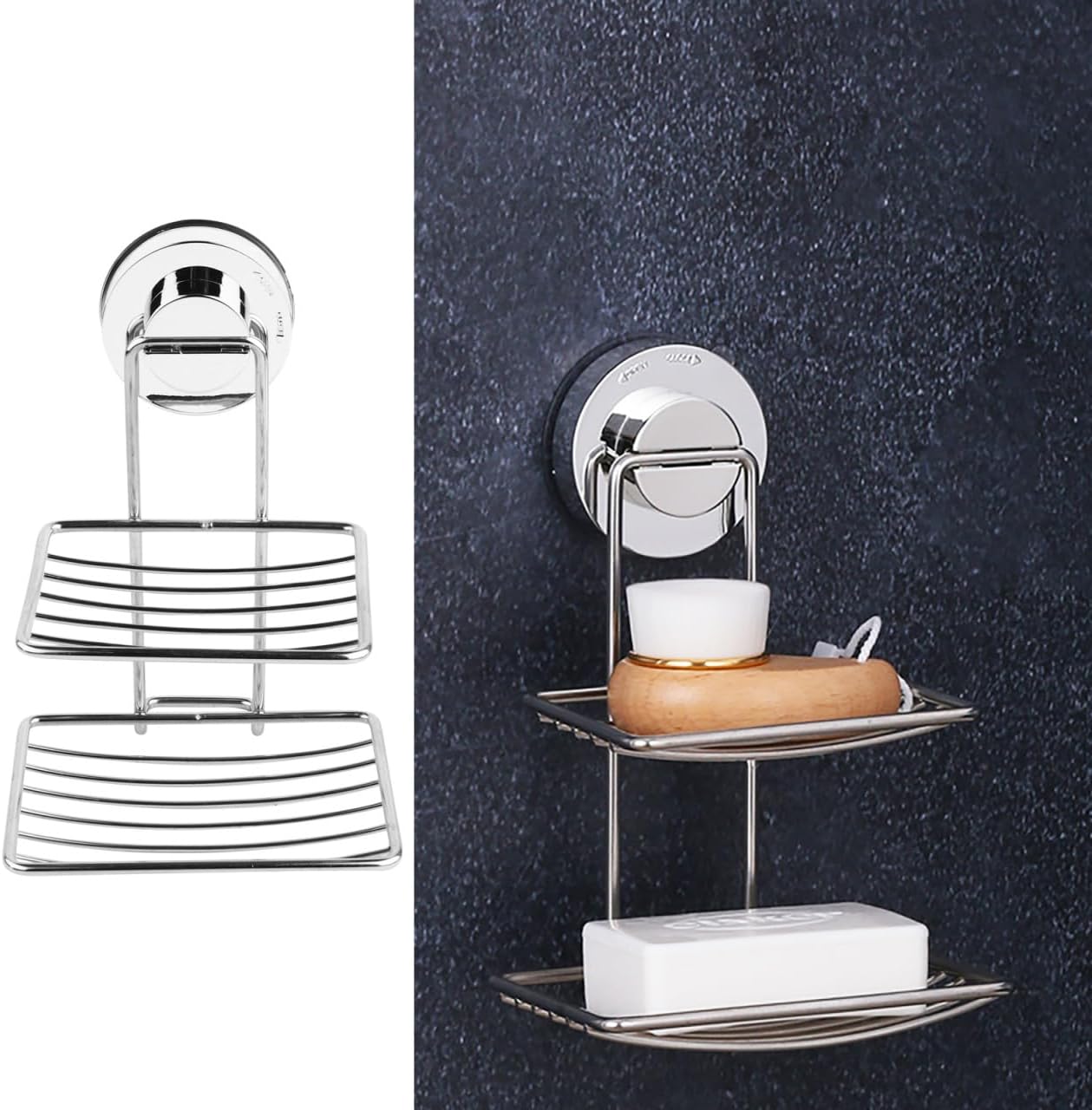 Scicalife Double Layer Soap Dish Holder with Strong Suction Cup Wall Mounted Stainless Steel Soap Holder for Shower Bathroom and Kitchen Fast Drainage Rust Resistant Fits Smooth Surfaces