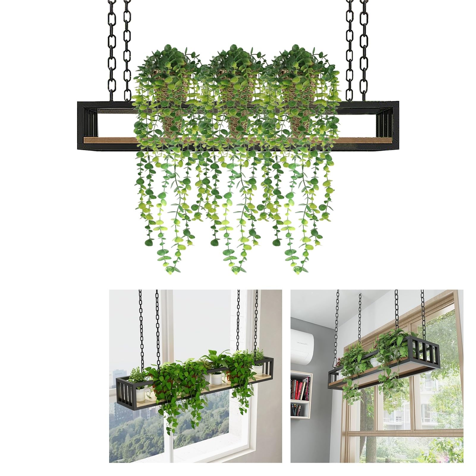 POLGDW Hanging Wooden Shelf Suspended Storage Shelving for Plants and Decorations Wall Mounted Flower Stand and Plant Rack Creative Ceiling Floating Shelf with Baskets 80x25x15c