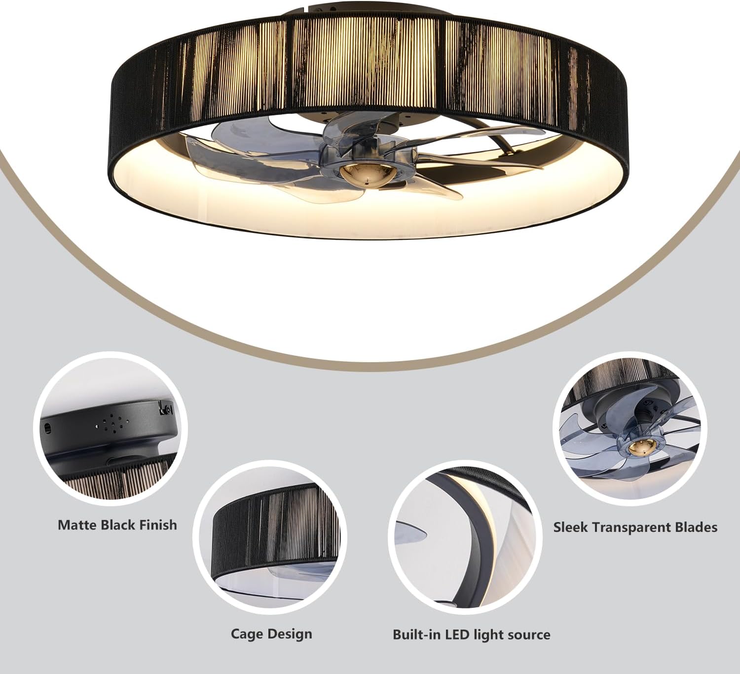 19.6" Flush Mount Rattan Farmhouse Chandelier Ceiling Fan with Light Remote Control,Boho Ceiling Fans with Lights,Dimmable 3 Colors 6 Speed Timer,Rustic fabric Hanging Light Fixtures for Bedroom