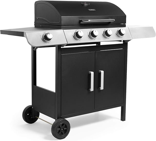 VonHaus Gas BBQ, 4+1 Burner Gas Barbecue with Warming Rack, Side Burner, Temperature Gauge, Cabinet Storage Shelf & Wheels, Portable, Steel & Chrome, Grill Meat, Fish, Veg in Your Garden Outdoor Space