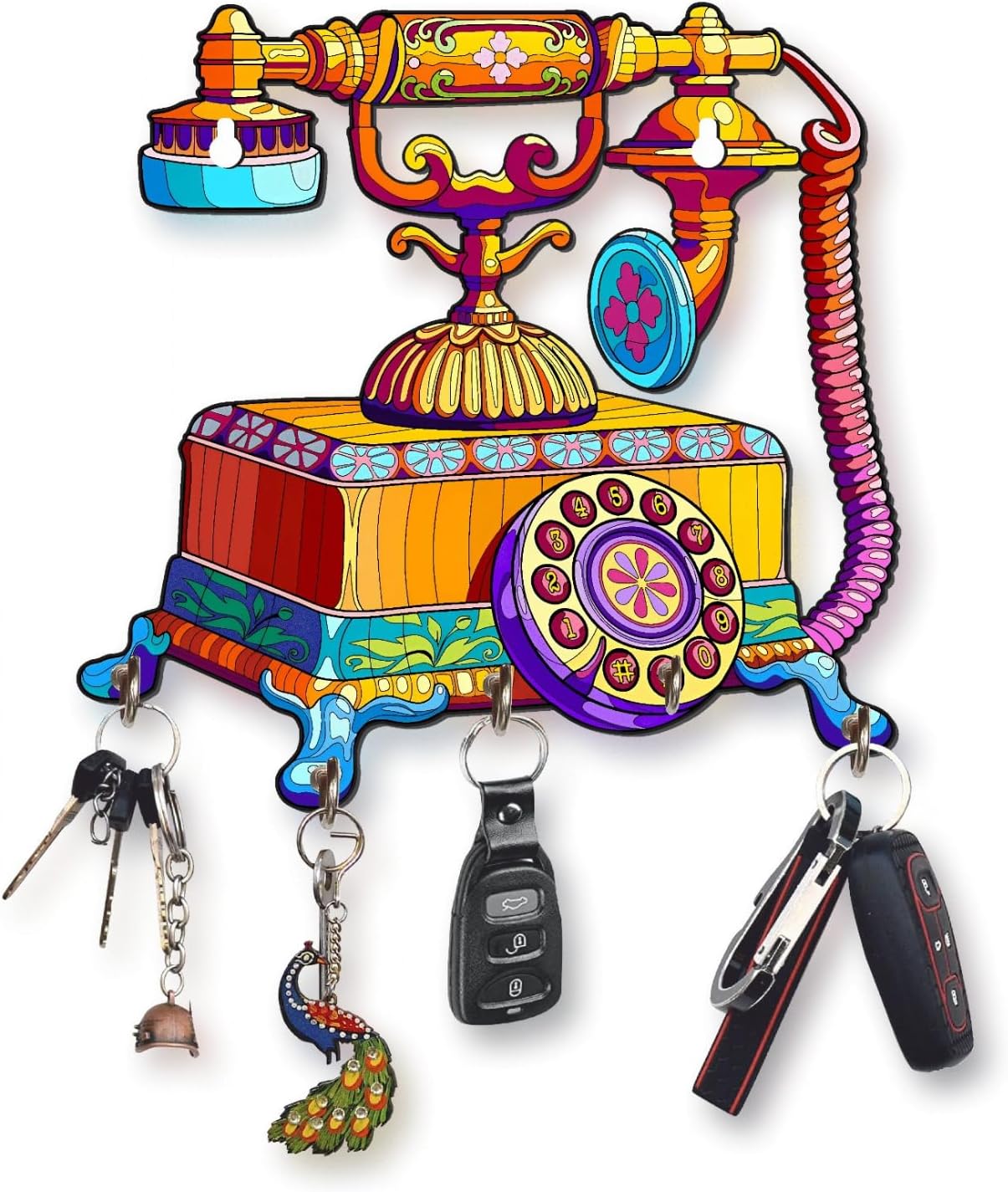 Webelkart Premium Vintage Telephone Designer Rajasthani Wooden key holder for Home And office decor, Key chain holder for home,Key Holder For Home Decor (10" Inches)