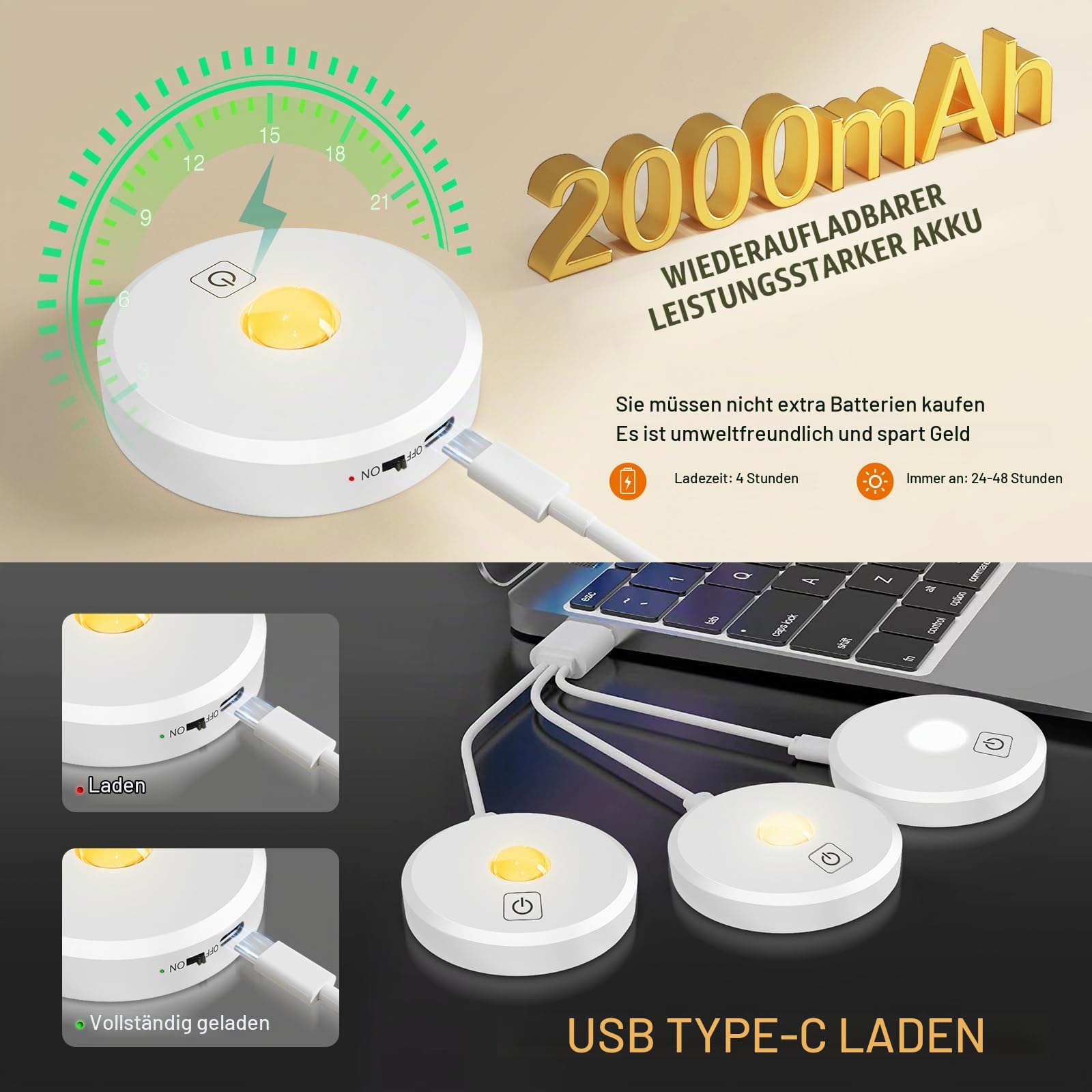 Vitrinenbeleuchtung LED kabellos, CCT, Aufladbar, Dimmbar, Weiß, 5 Stück
