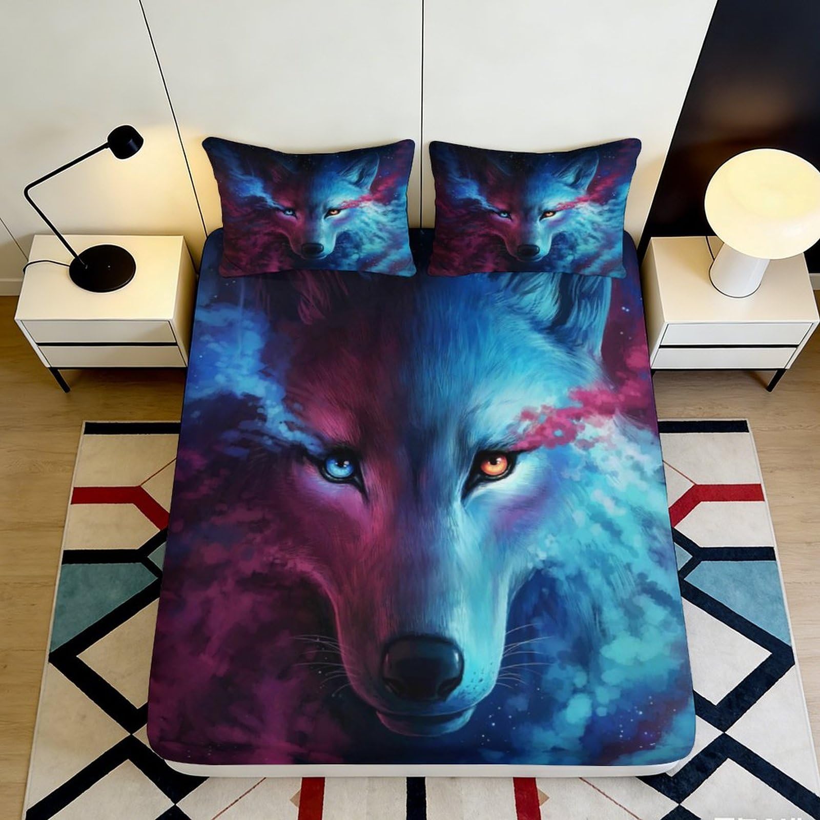 3D Printed Wolf Galaxy Fitted Sheet Microfiber Soft Anti-Slip Mattress Cover for Bedroom Dorm Decor, Easy Care 200x200x25cm