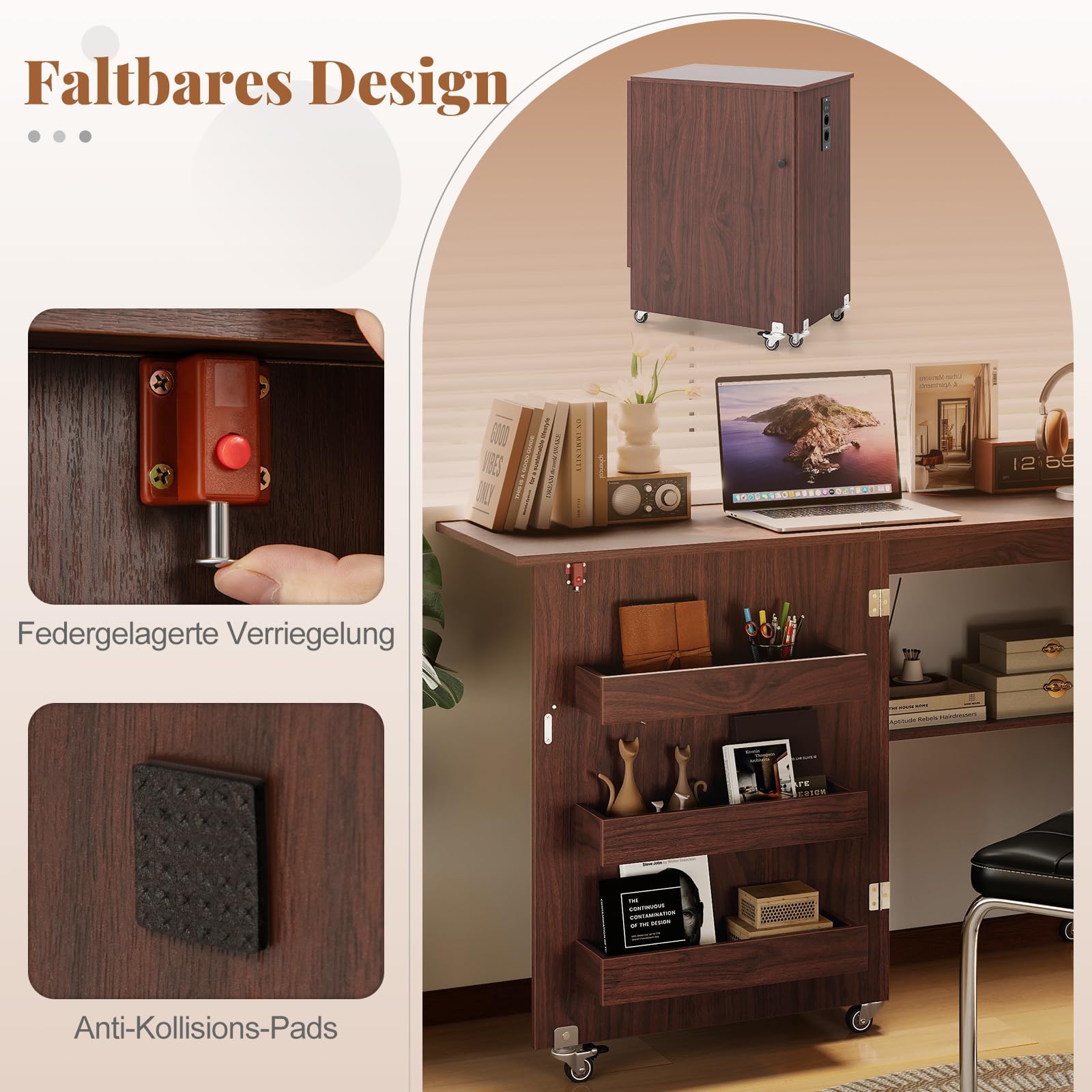 FANTASK Nähmaschinenschrank klappbar mit Ladestation, Nähschrank, Nähtisch aus Holz mit Regalen, 2 in 1 Nähmaschinentisch mit abschließbaren Rädern, Basteltisc für Schlafzimmer & Wohnzimmer (Kaffee)