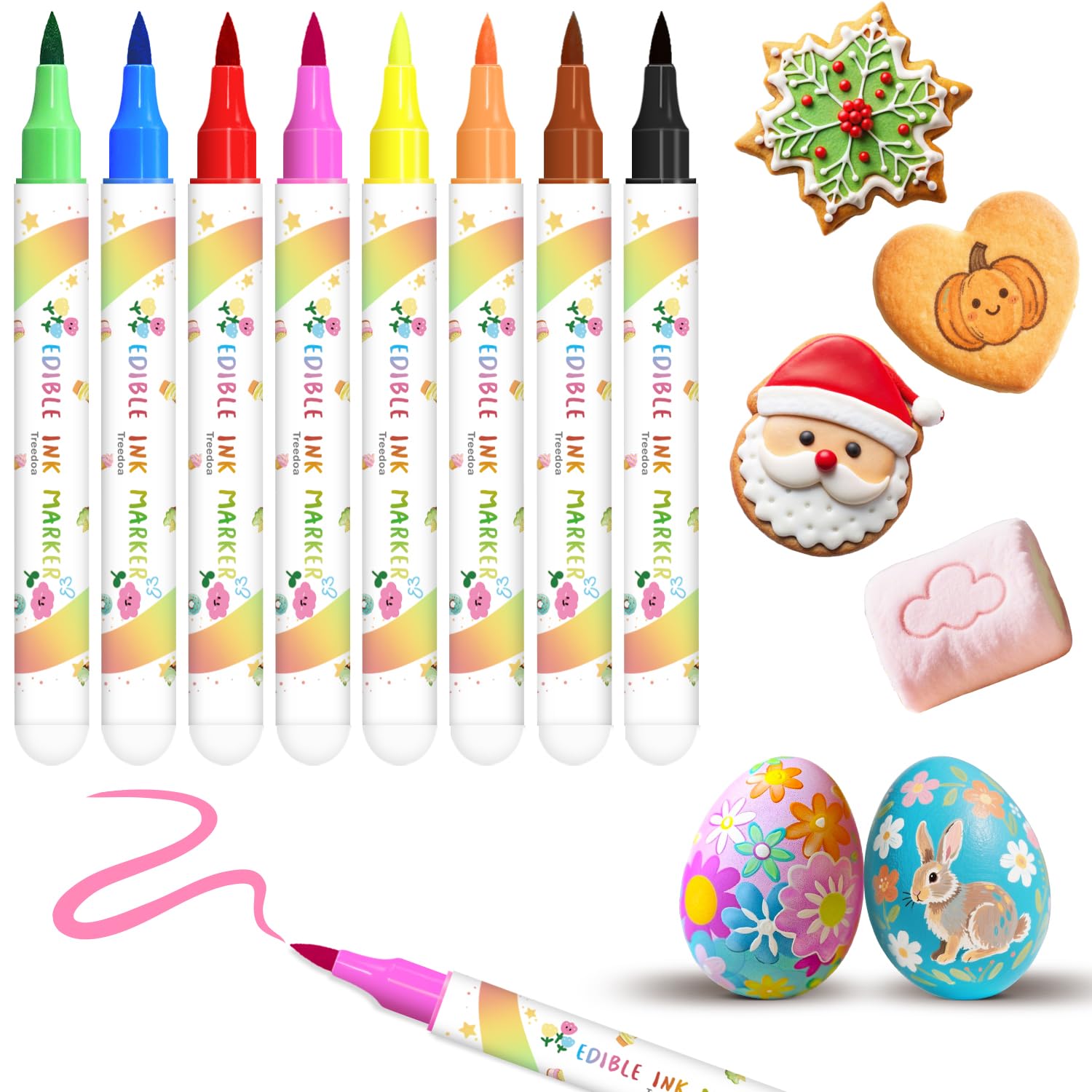Lebensmittelfarbe Stifte, 8 Stücke Lebensmittelstifte mit weichen Pinselspitzen für dicke und dünne Linien, Lebensmittel Stift Backen, Essbare Stifte für Kuchen, Kekse, Fondant, Food