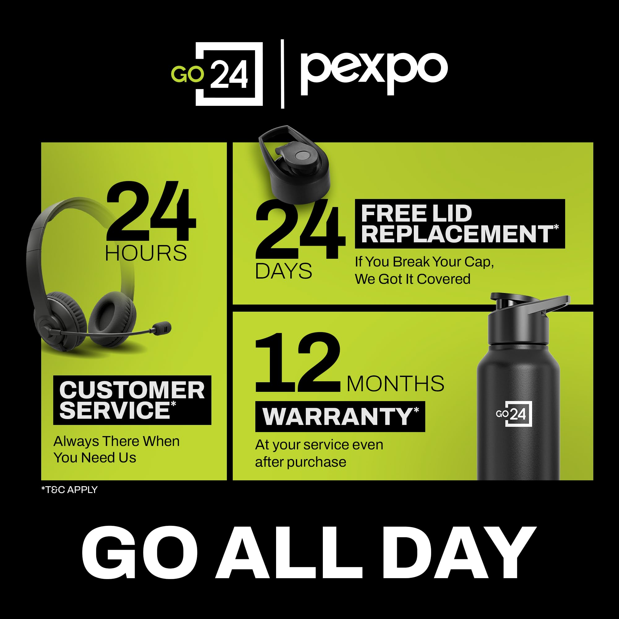 Go24 pexpo Stainless Steel Water Bottle Chromo Knight Black 950ml — Amazon image 2