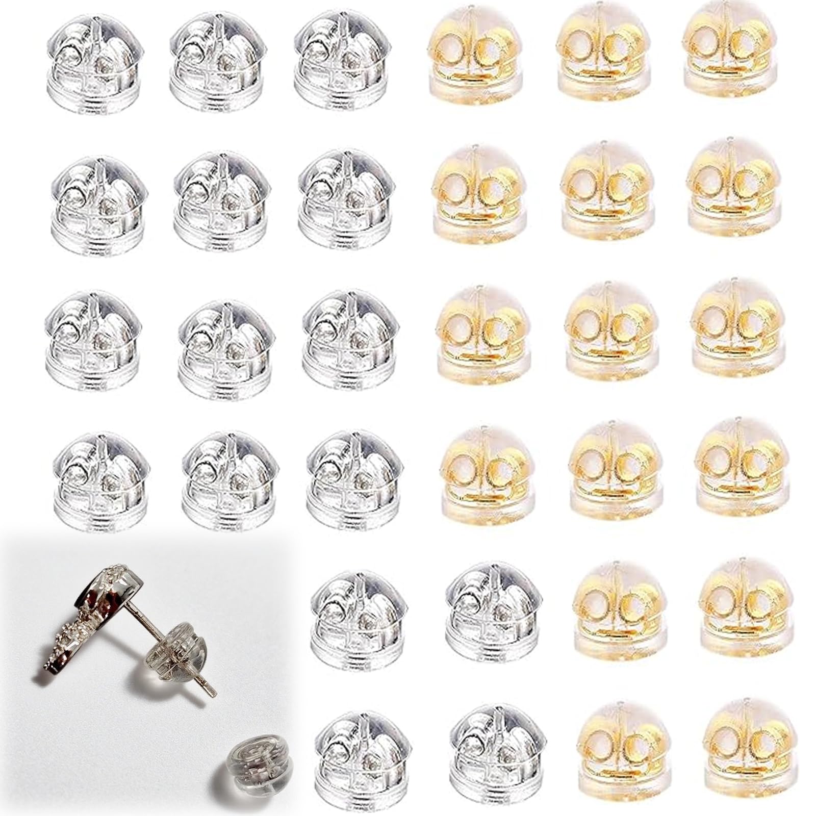 Ginhkok ピアス キャッチ 32個 (8ペアイエローゴールド+ホワイトゴールド) シリコン 落ちない 925銀 K18メッキ 金属アレルギー 対応 丸型 かわいい ピアスロック フィットキャッチ ダブルロックキャッチ