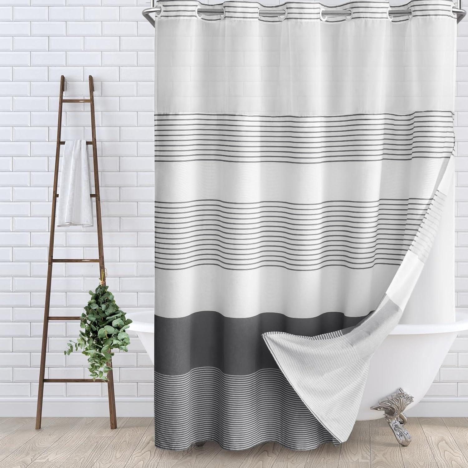 No Hook Shower Curtain and Liner Set,Gray Boho Striped Shower Curtain for Bathroom Cotton 75" L x 72" W