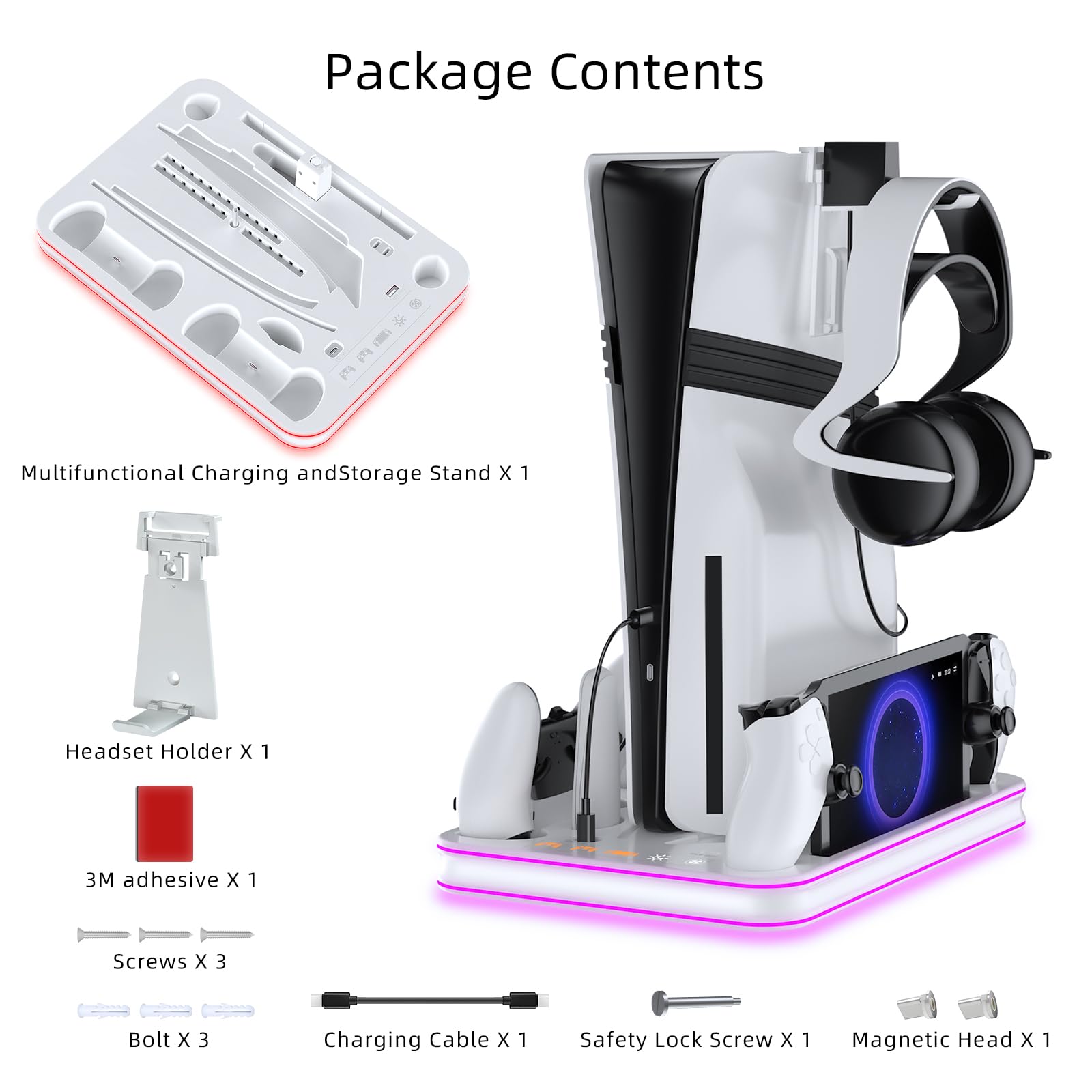 Base di raffreddamento PS5/PS5 Slim/PS5 Pro, supporto PlayStation 5 e stazione di raffreddamento, dock di ricarica doppio controller PS5 con illuminazione RGB, dock di ricarica per portale PS