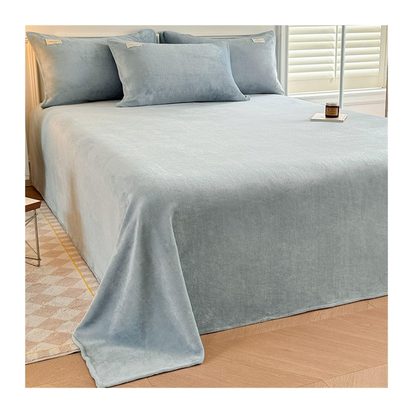 Samt-Plüsch-Bettlaken 160x230cm bis 230x250cm Warmes Luxuriöses Cashmere Touch Betttuch Winter Flauschiges Flanell-Fleece Laken ohne Gummizug(Blue A,200x230cm+48x74cm x2)
