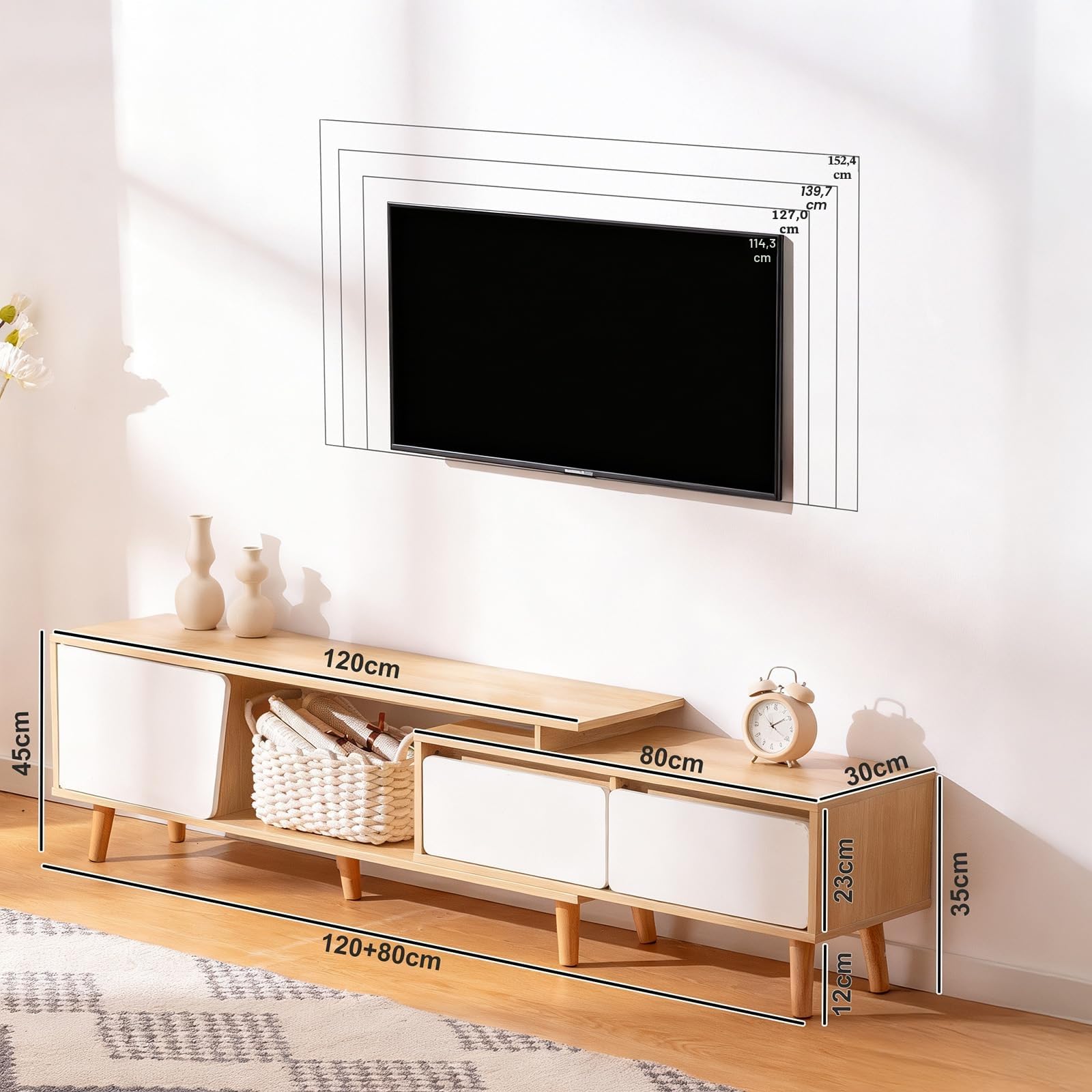 Mueble de TV Extensible (140-190 cm) con 2 cajones, 1 Armario con Puerta, 1 Compartimento Abierto, Color Blanco y Madera, para salón y Dormitorio