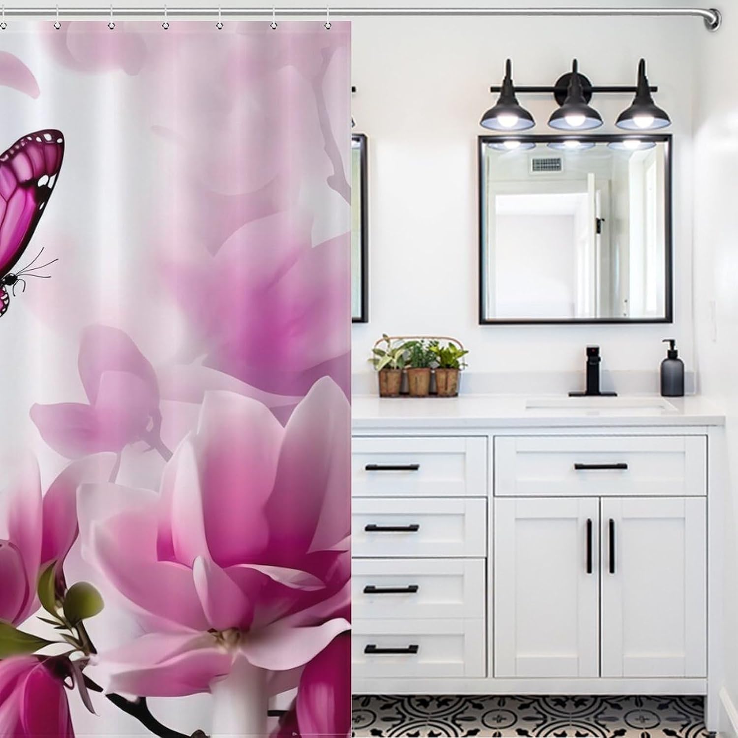 Magnolia Plant Flora Butterfly Funny Shower Curtains Washable Bath Curtain Liner with Hooks for Bathroom Bath Tubs