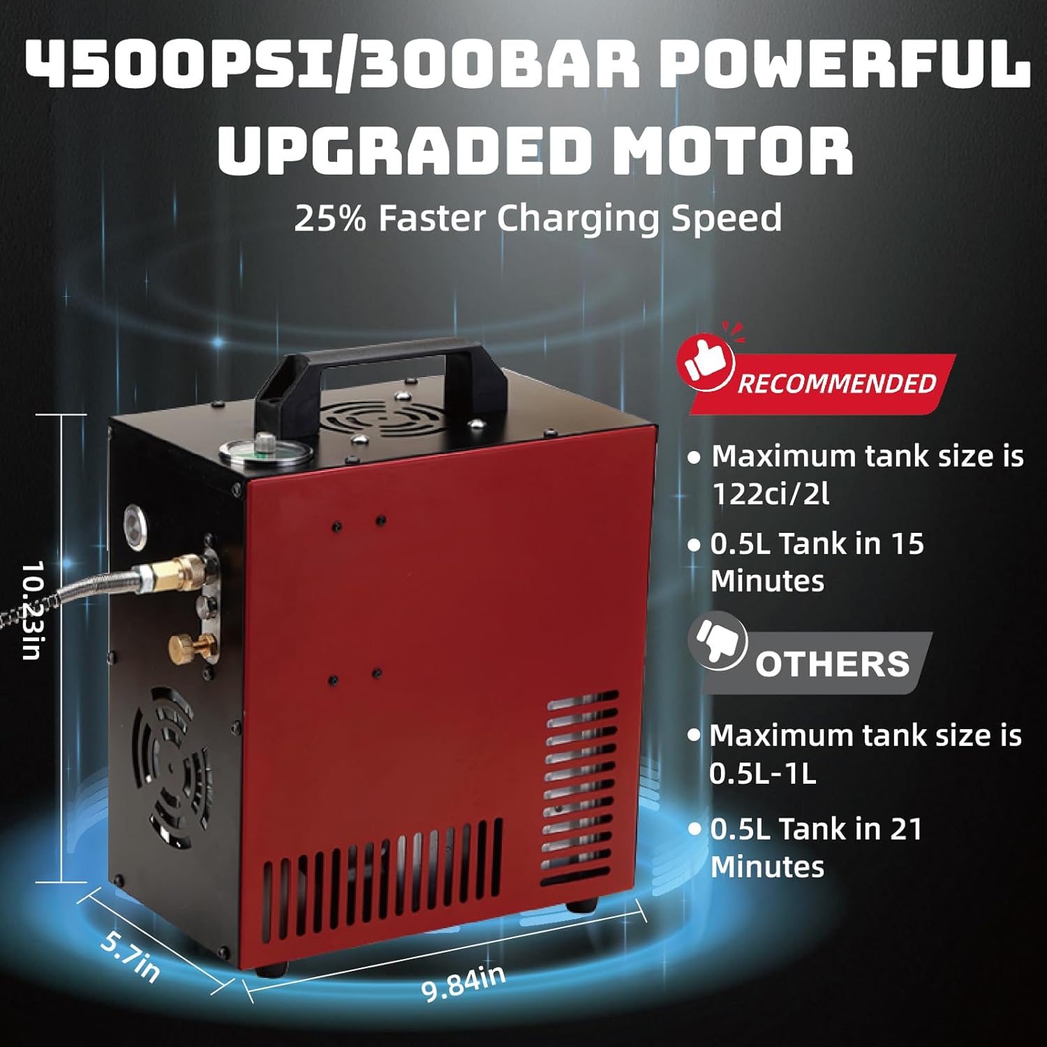 Thunder 4500Psi PCP Air Compressor,Refilling Up to 1.6L,Fast Fill for Airguns or Paintball Tank,Auto Shut Off,Water/Oil Free,Built-in Converter and Cooling Fan,350W Portable Pcp Pump