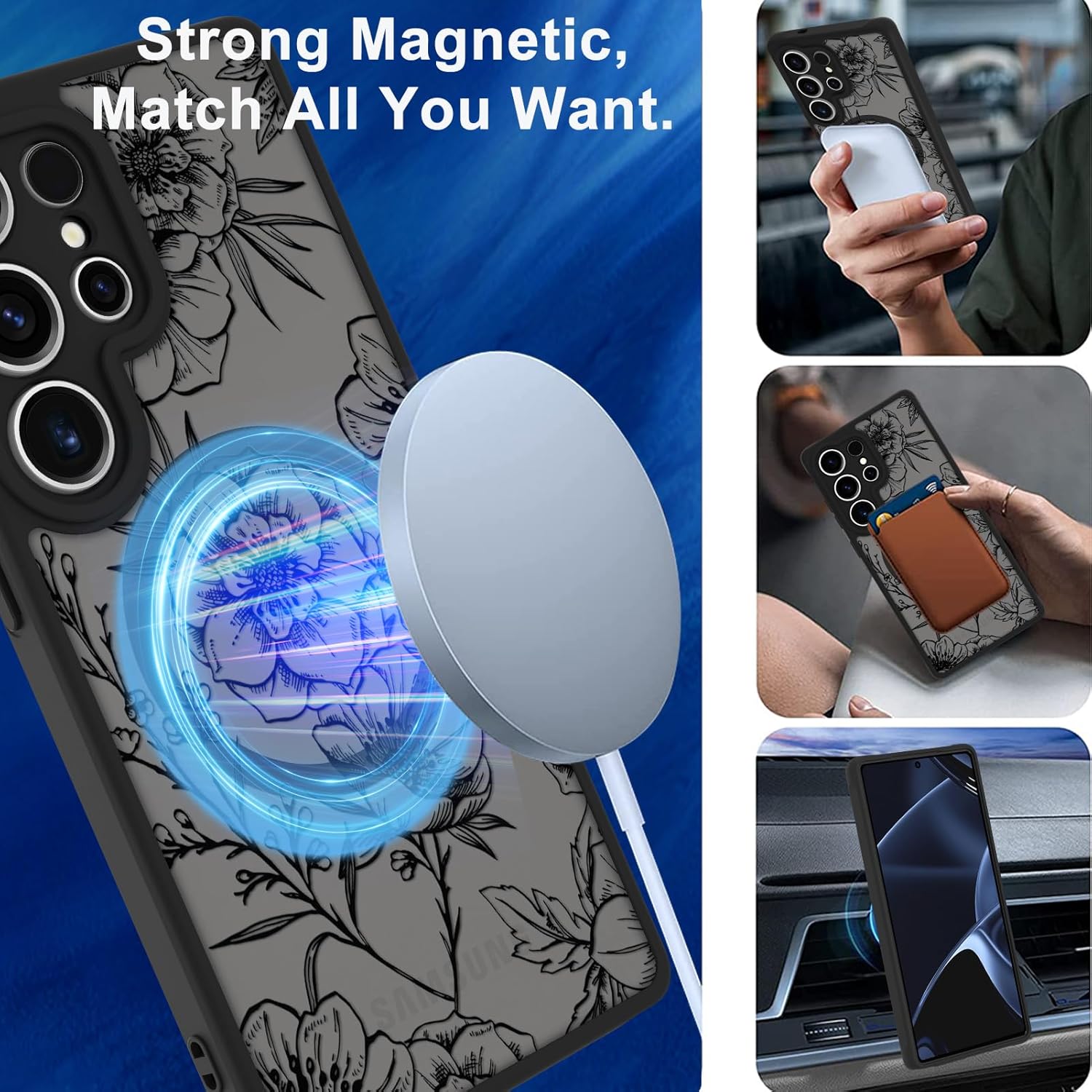 OOK Magnetic for Samsung Galaxy S25 Ultra Case Black Floral Flowers Pattern [Compatible with MagSafe] Slim Translucent Matte Full Camera Lens with Privacy Screen Protector - Image 5