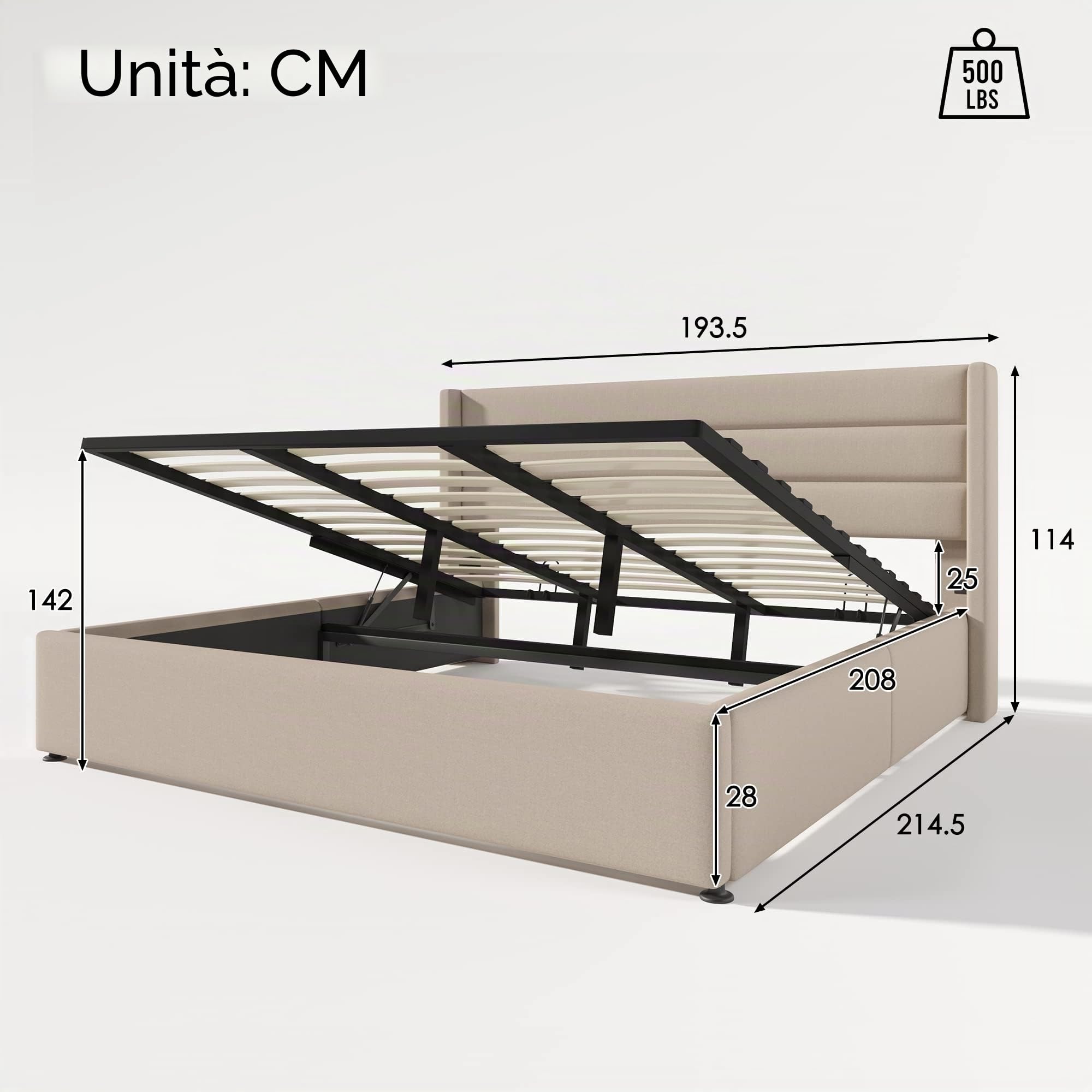 Idemon Letto contenitore imbottito idraulico letto matrimoniale con rete a doghe in legno, letto con rete a doghe con telaio metallico, lino (beige, 180x200cm)