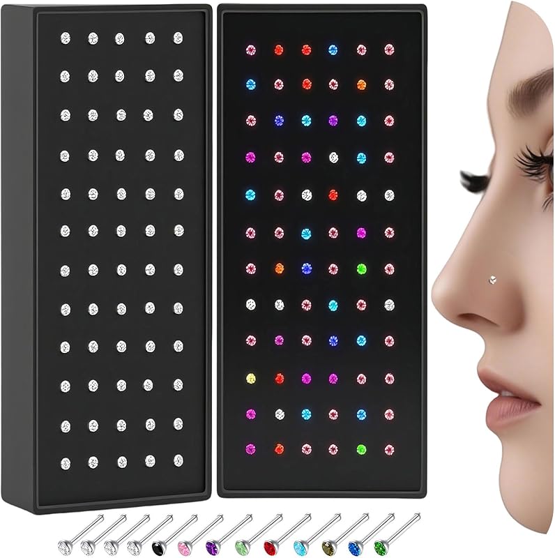 SLVIEKAE Kit com 120 Argolas e Studs para Nariz em Aço Inoxidável 316L, 20G, CZ 1,5 mm, 1,8 mm e 2 mm
