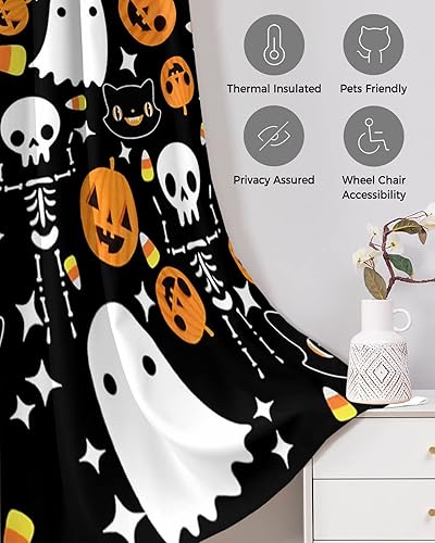 Miniatura 3 de Halloween Doorway Curtains - Blackout Curtains 84 Inches Long, Orange Pumpkin White Ghost Skeleton Black Sliding Door Curtains Grommet Window Panels