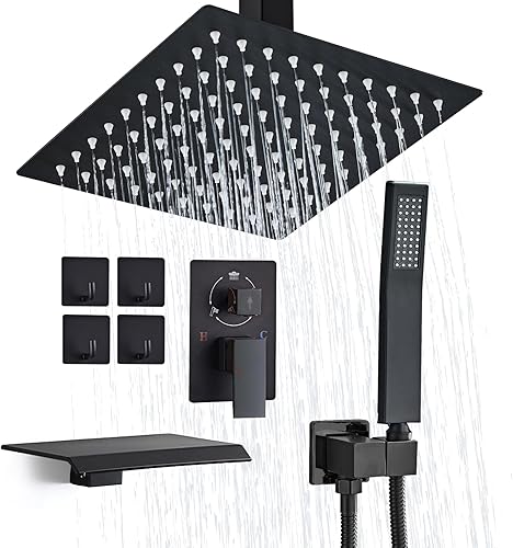 Miniatura 52 de Juego de grifo de ducha de 12 pulgadas, montaje en techo, sistema de ducha de lluvia de alta presión, combo de rociador de ducha de lluvia cuadrado