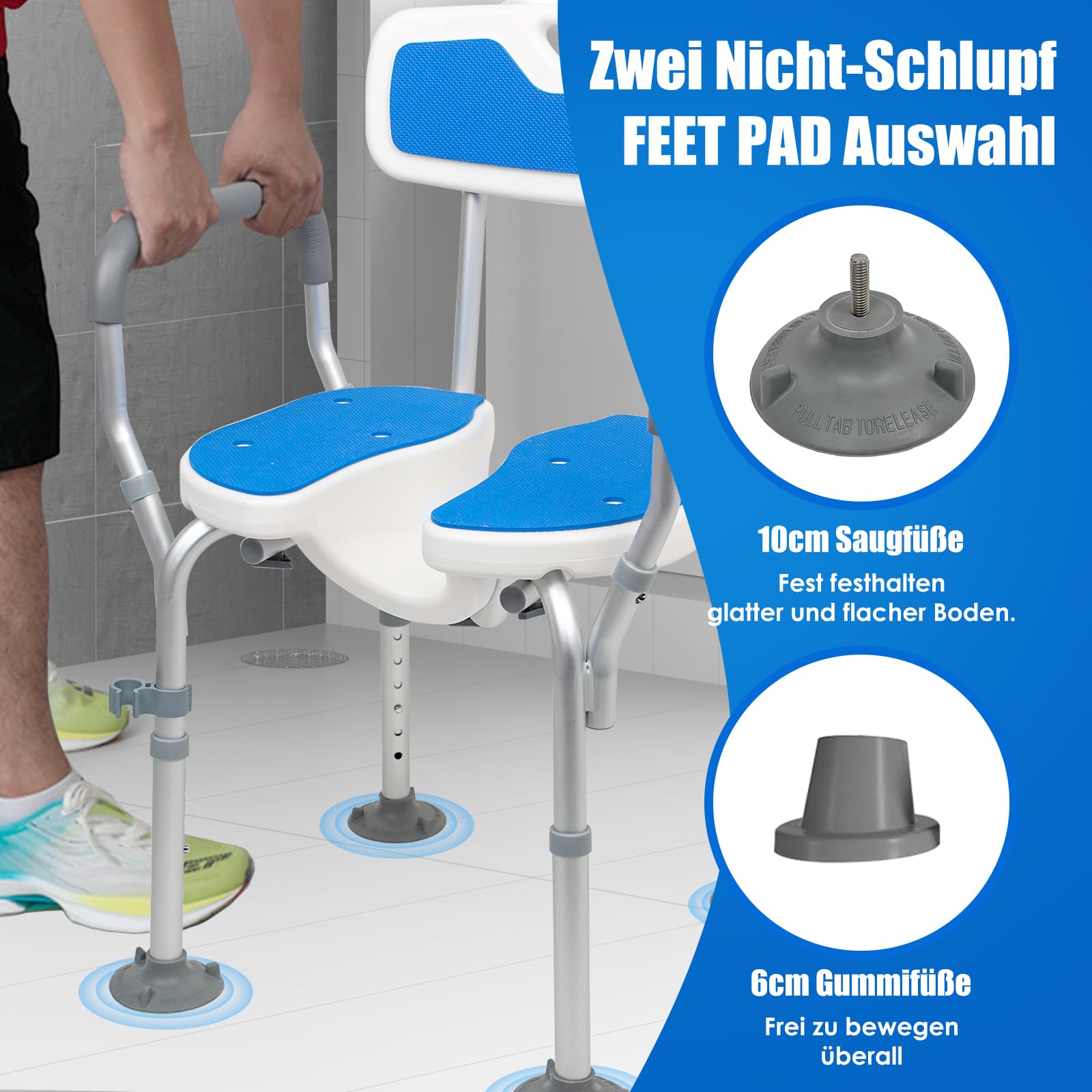 Silla de ducha ergonómica en forma de U con respaldo y reposabrazos, 180 kg, incluye ventosa, 6 niveles de altura, taburete de ducha para lavar el hogar
