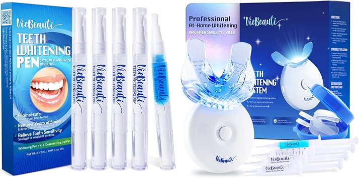 VieBeauti Teeth Whitening Bundle 5 Whitening Pens & LED Whitening Kit with Remineralizing Gel Professional at-Home Teeth Whitening for Sensitive Teeth, 35% Carbamide Peroxide Mint