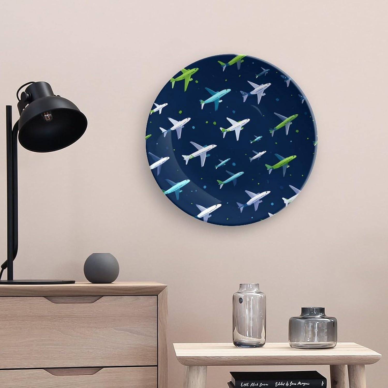 Airplane Planes Printed Decorative Plate with Display Stand Handmade Ceramic Ornament Hanging Wall Decor for Foyer Home Office