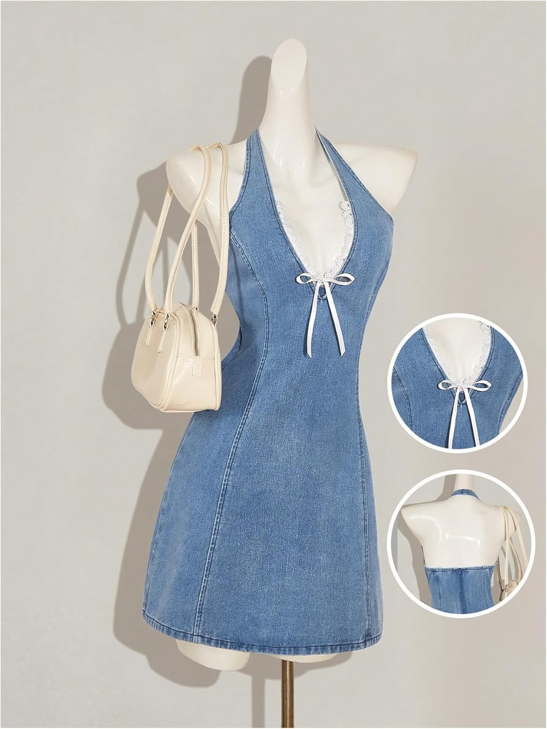 WDIRARA Women's Bow Halter Mini Jean Dress Lace Trim Sleeveless Backless Denim Dresses - Image 4