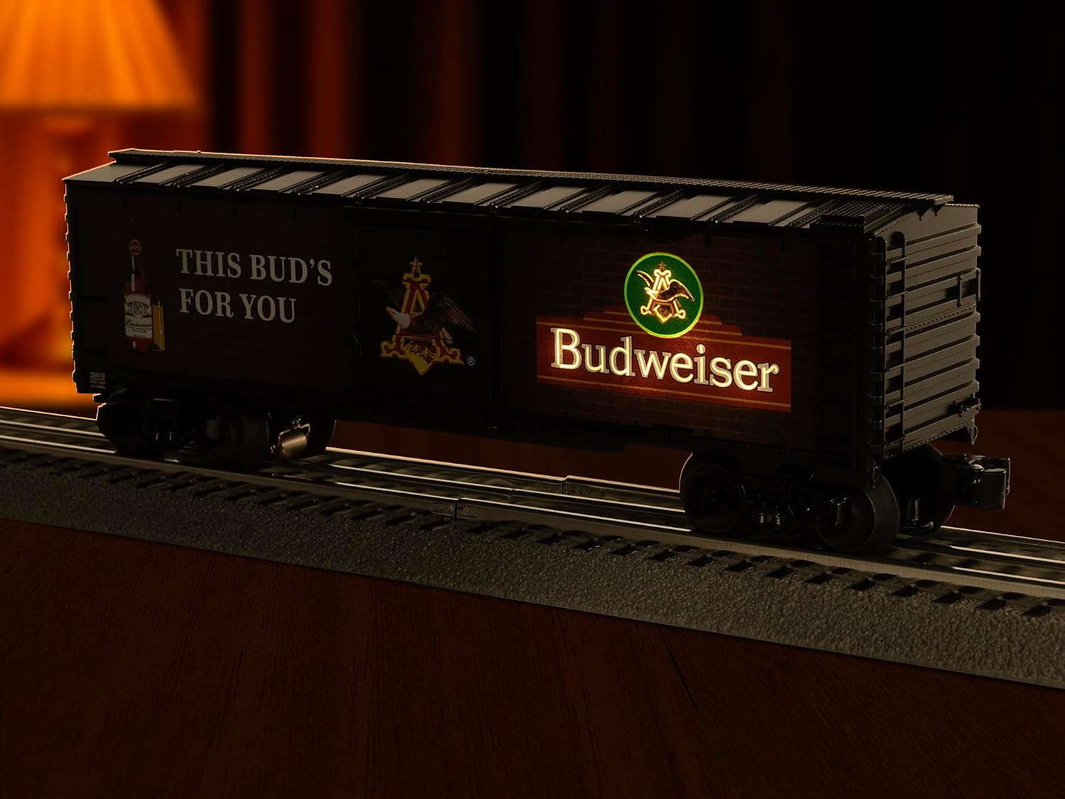 Lionel Budweiser Illuminated Reefer Car O Gauge Model Train Car with Lighted Bar Signs, Opening Doors, Diecast Trucks, & Operating Couplers, Age 21+
