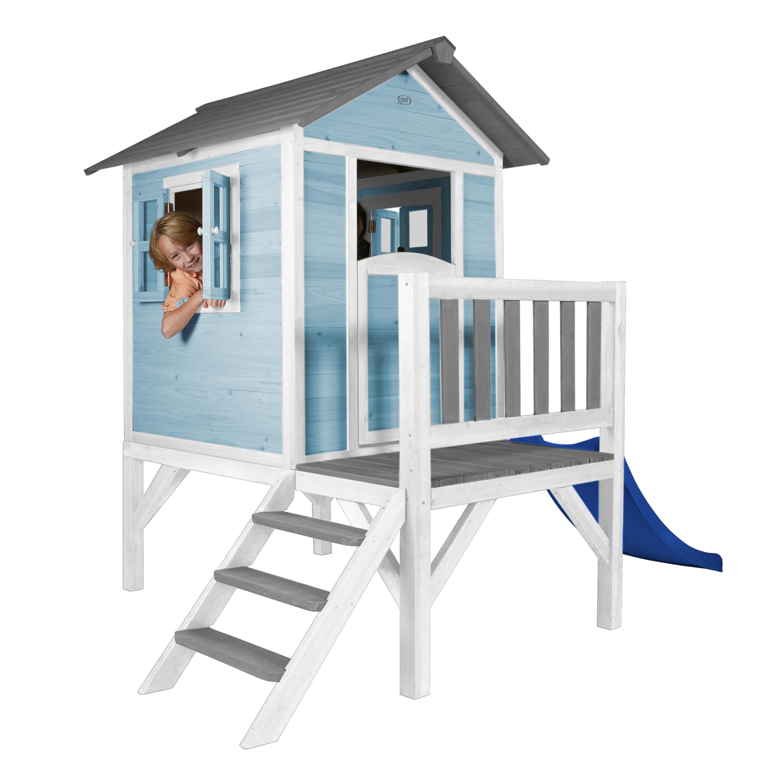 AXI Spielhaus Beach Lodge XL in Blau mit Rutsche in Blau | Stelzenhaus aus FSC Holz für Kinder | Kleiner Spielturm für den Garten