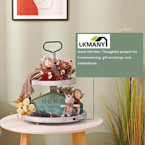 Miniatura 2 de Bandeja escalonada Bandejas de dos niveles Soporte redondo rústico para magdalenas, soporte para servir pasteles con asa para sala de estar, fiesta