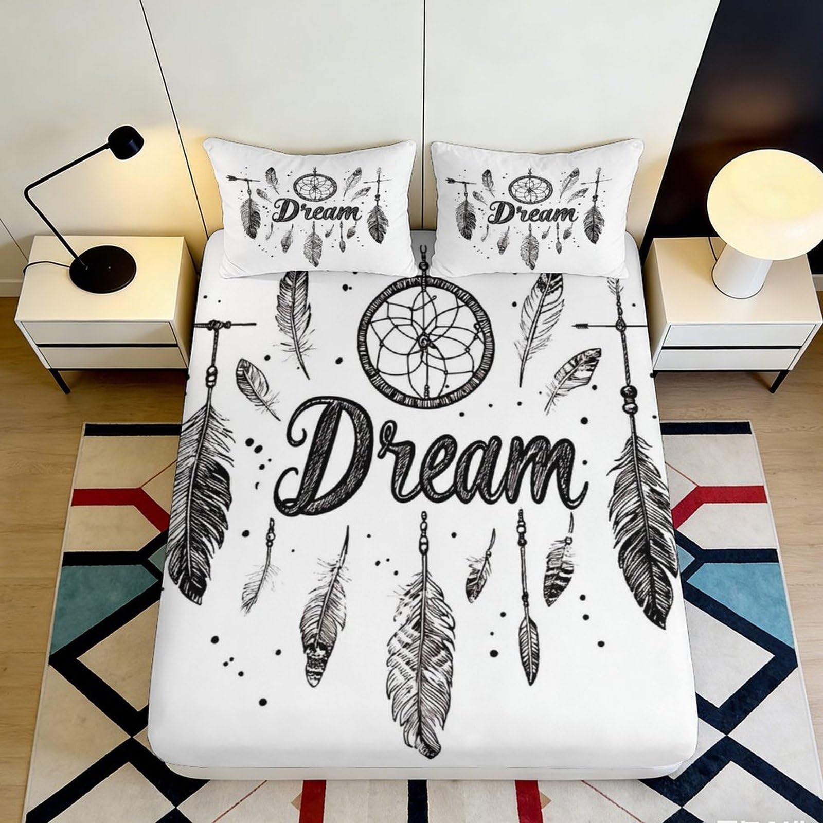 3D Printed Dreamcatcher Feather Fitted Sheet Microfiber Deep Pocket Non-Slip Bedroom Bedding Dreamcatcher Mattress Fitted Cover Washable 140x200x25cm