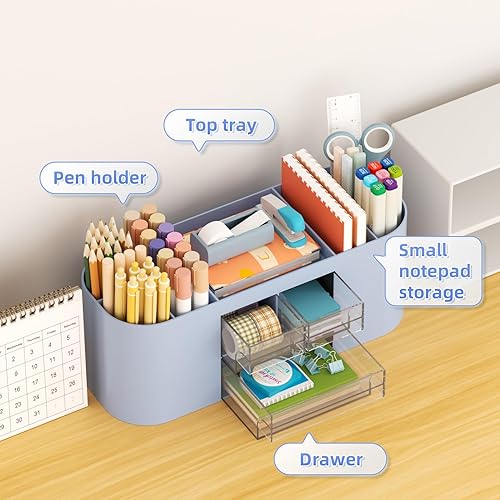 Miniatura 3 de Marbrasse Organizador de escritorio con 3 cajones, soporte multifuncional para lápices, organizadores de escritorio y accesorios con 7